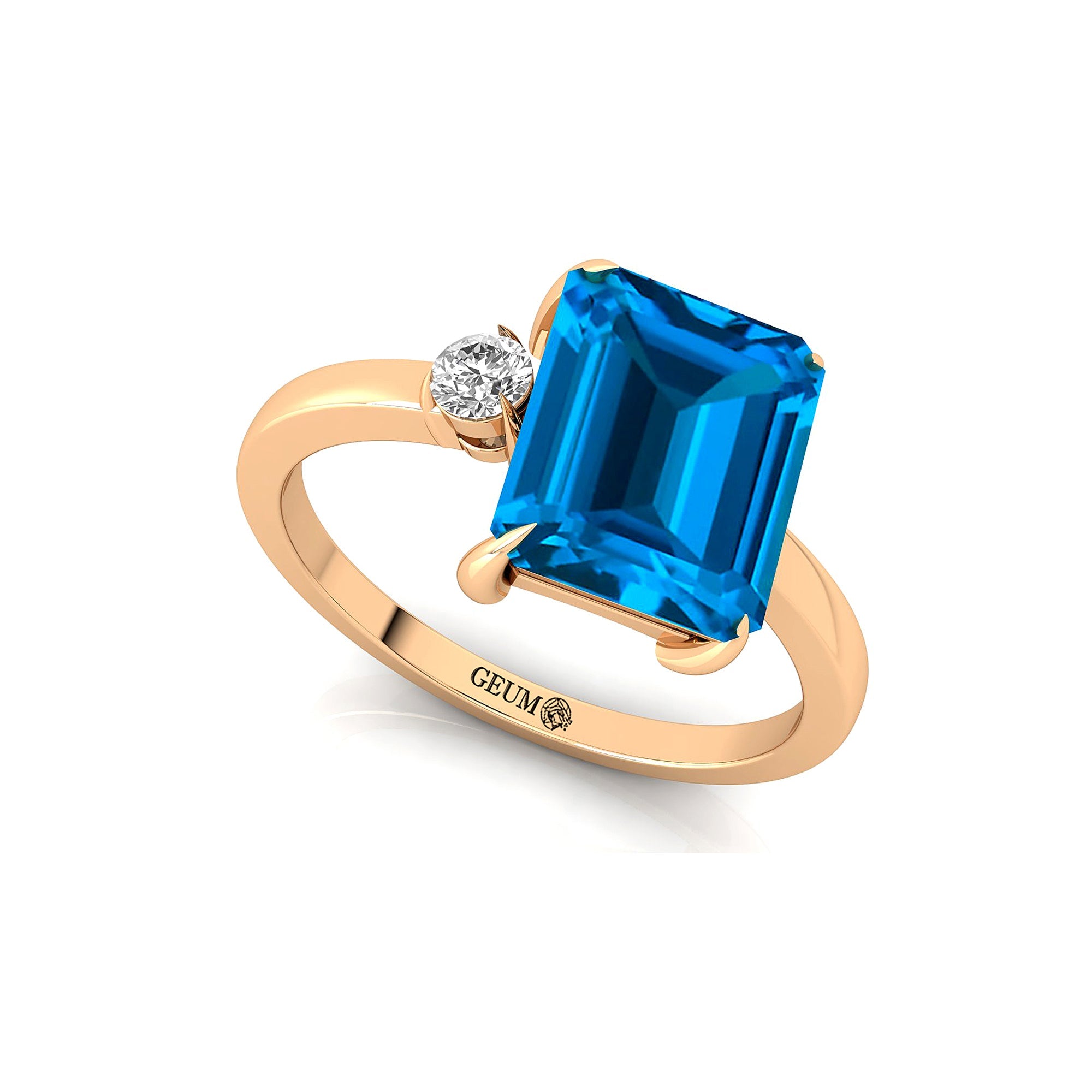 Emerald Shaped Swiss Blue Topaz with 3mm Accent Solitaire Engagement Ring - GeumJewels