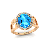 Vintage Love Inspired Oval Swiss Blue Topaz Halo Diamond Engagement Ring - GeumJewels