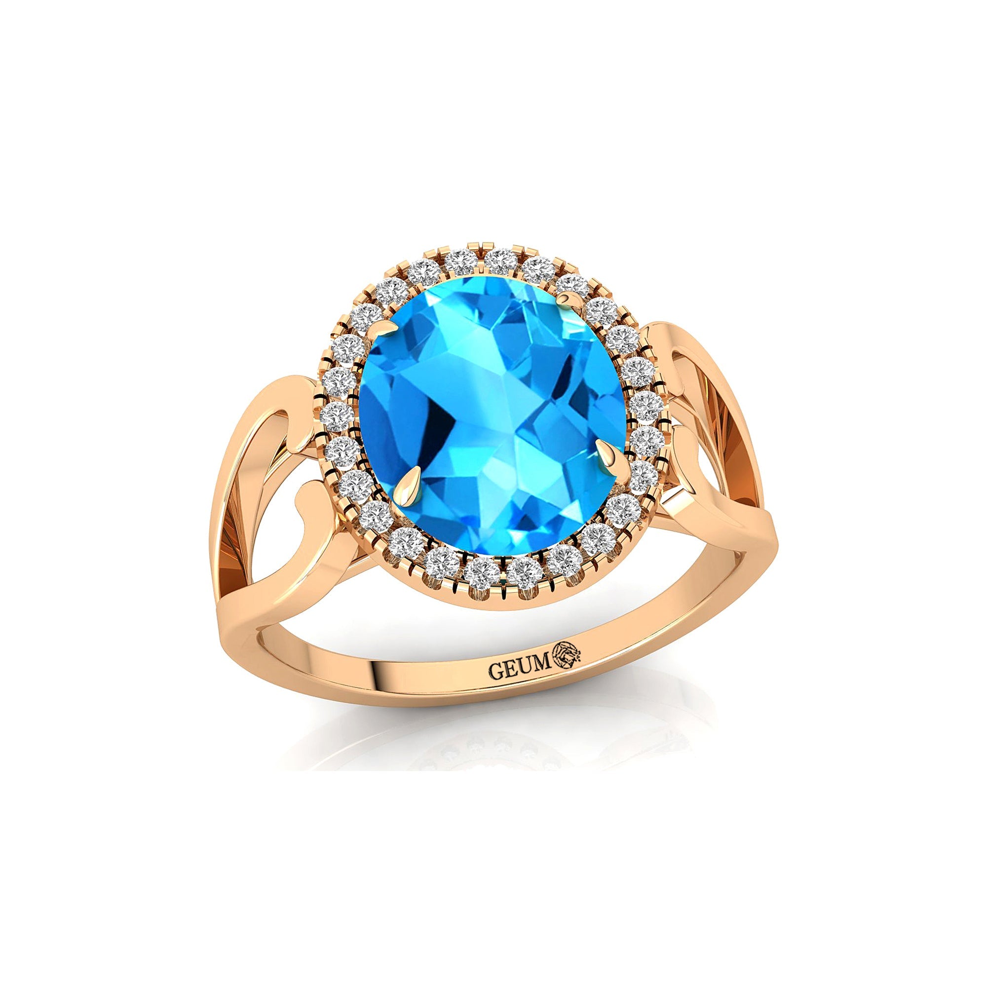 Vintage Love Inspired Oval Swiss Blue Topaz Halo Diamond Engagement Ring - GeumJewels
