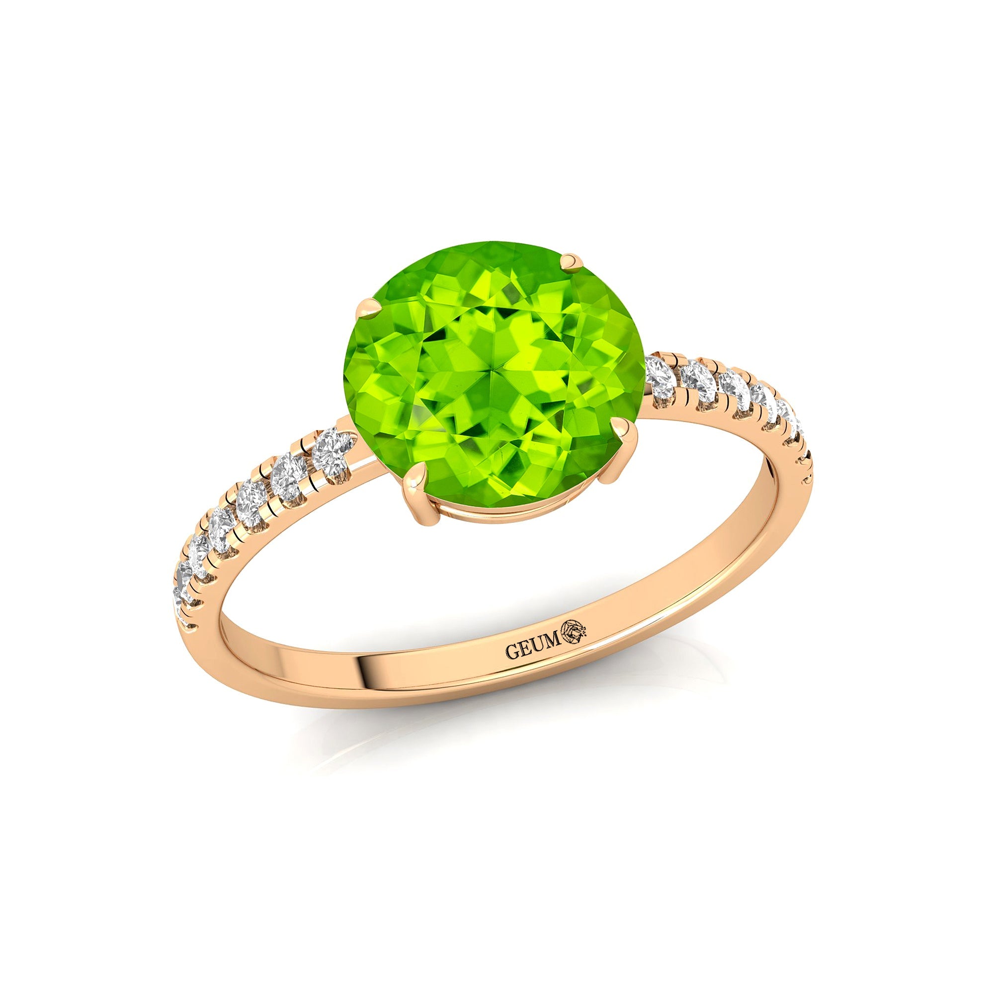 Classic Six Prong Round Solitaire Peridot Ring with Accent Diamond Band - GeumJewels