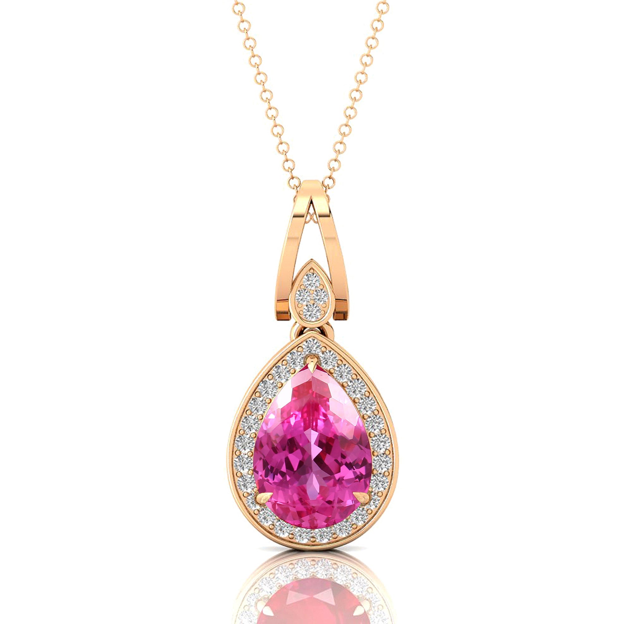 Classic Teardrop Shaped Pink Sapphire Halo Diamond Dangle Pendant - GeumJewels