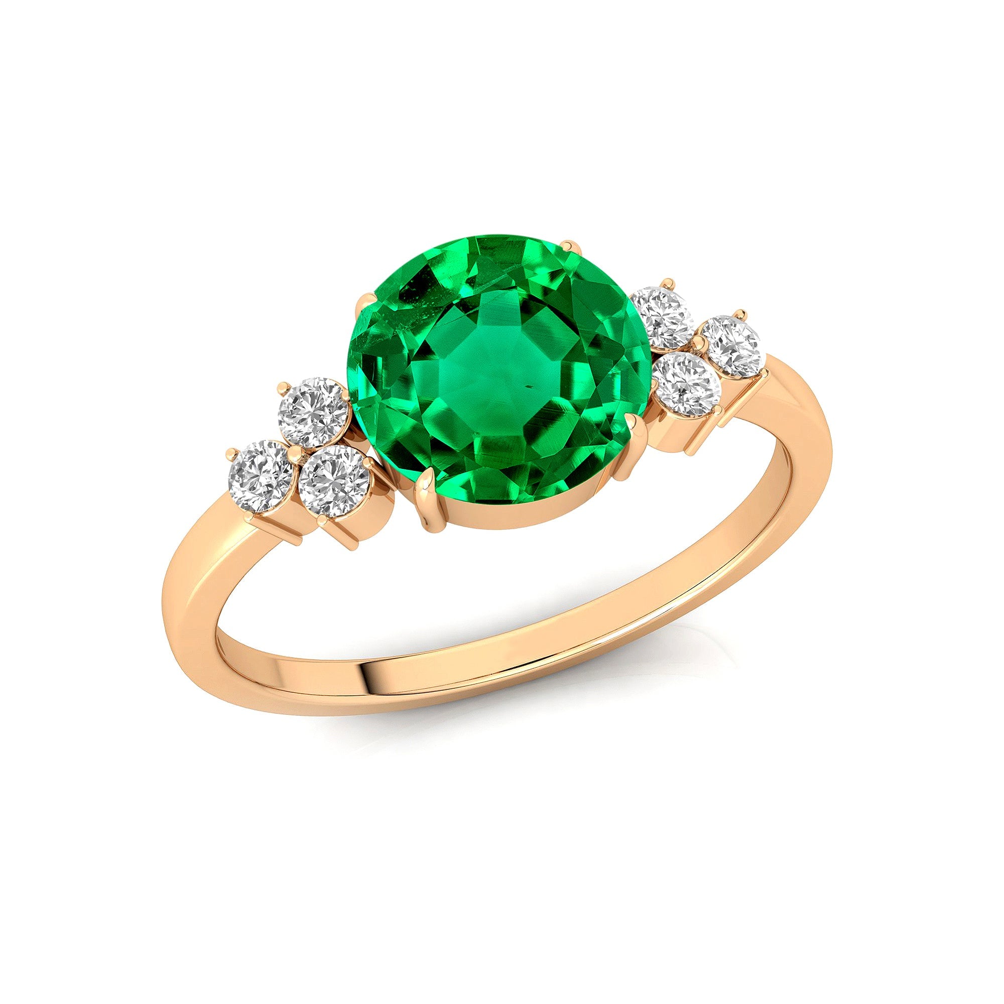 Trio Diamond Engagement Ring with Round Solitaire Emerald - GeumJewels