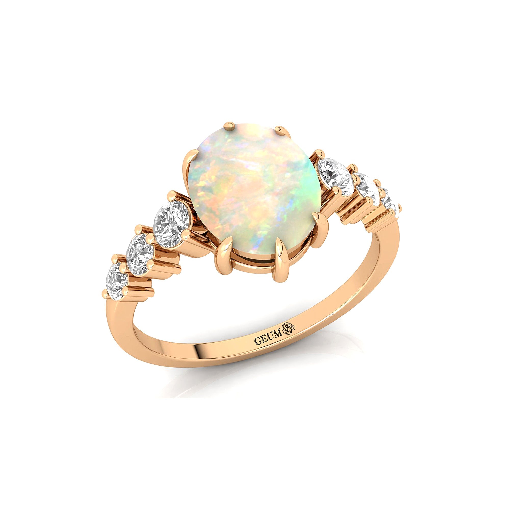 Oval Cut Opal with Graduated Diamonds Ring - GeumJewels