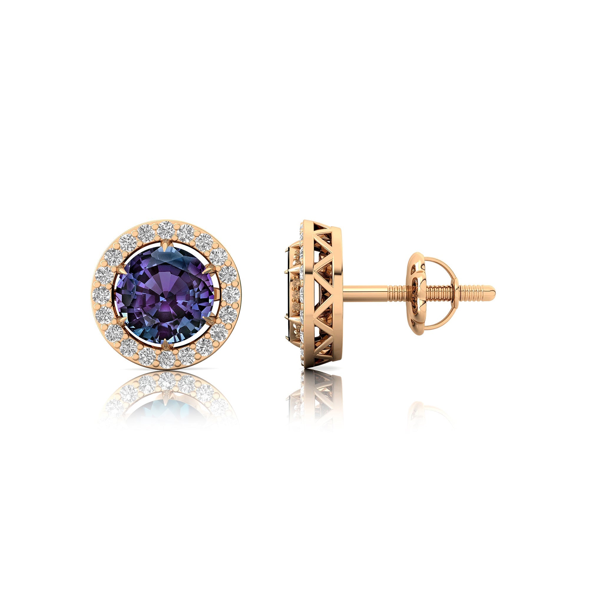Round Solitaire Alexandrite Halo Diamond Stud Earrings - GeumJewels