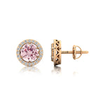 Round Solitaire Morganite Halo Diamond Stud Earrings - GeumJewels