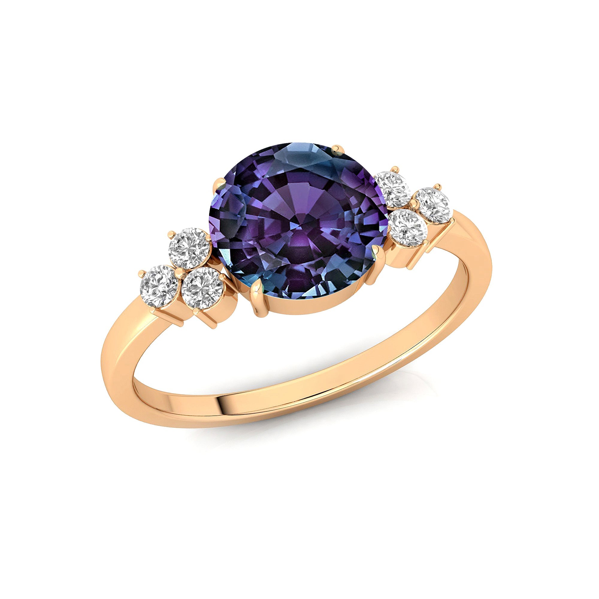 Trio Diamond Engagement Ring with Round Solitaire Alexandrite - GeumJewels
