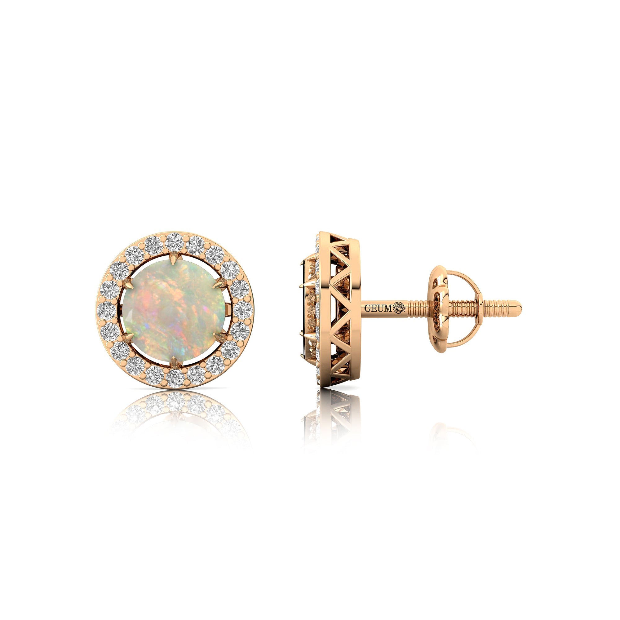 Round Solitaire Opal Halo Diamond Stud Earrings - GeumJewels
