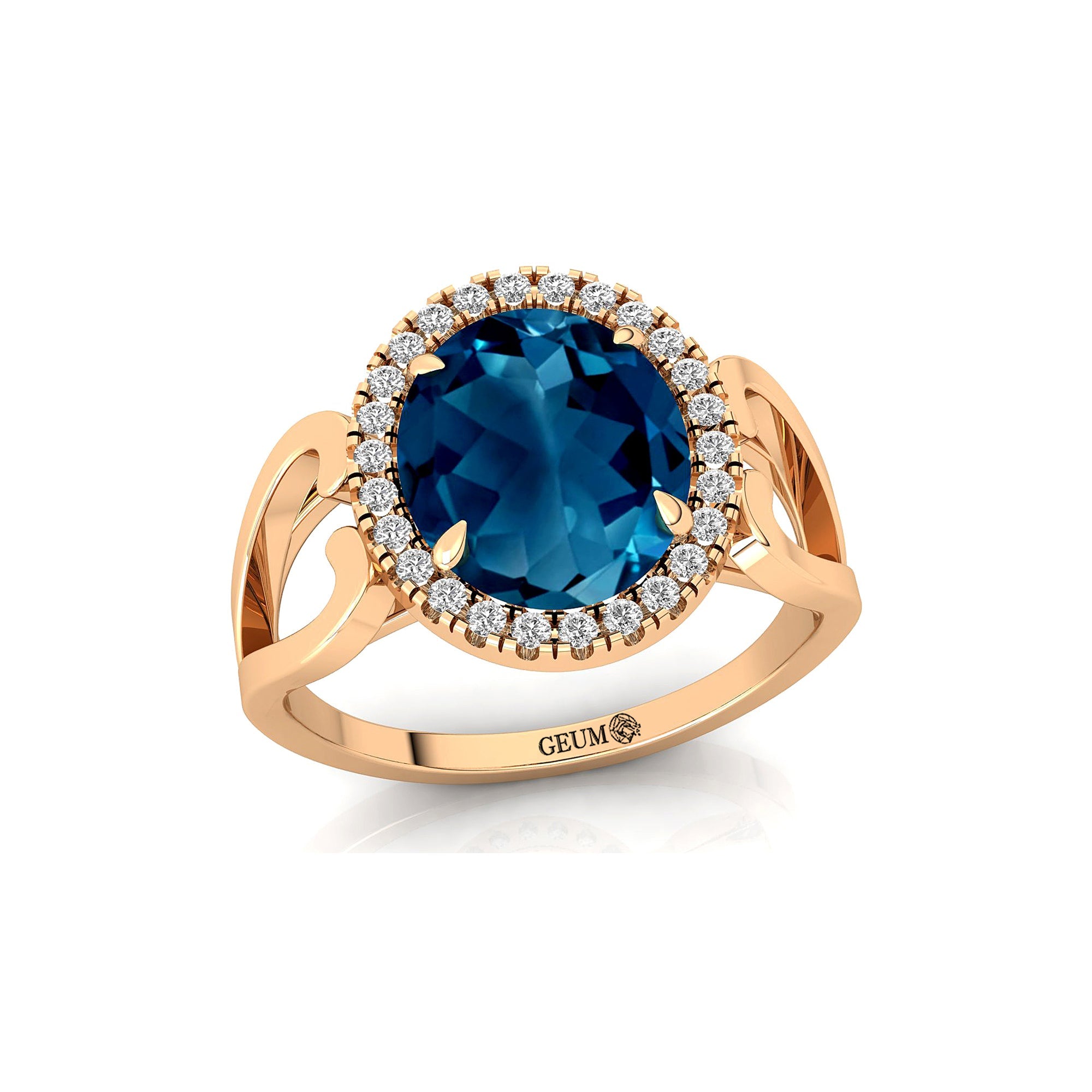 Vintage Love Inspired Oval London Blue Topaz Halo Diamond Engagement Ring - GeumJewels
