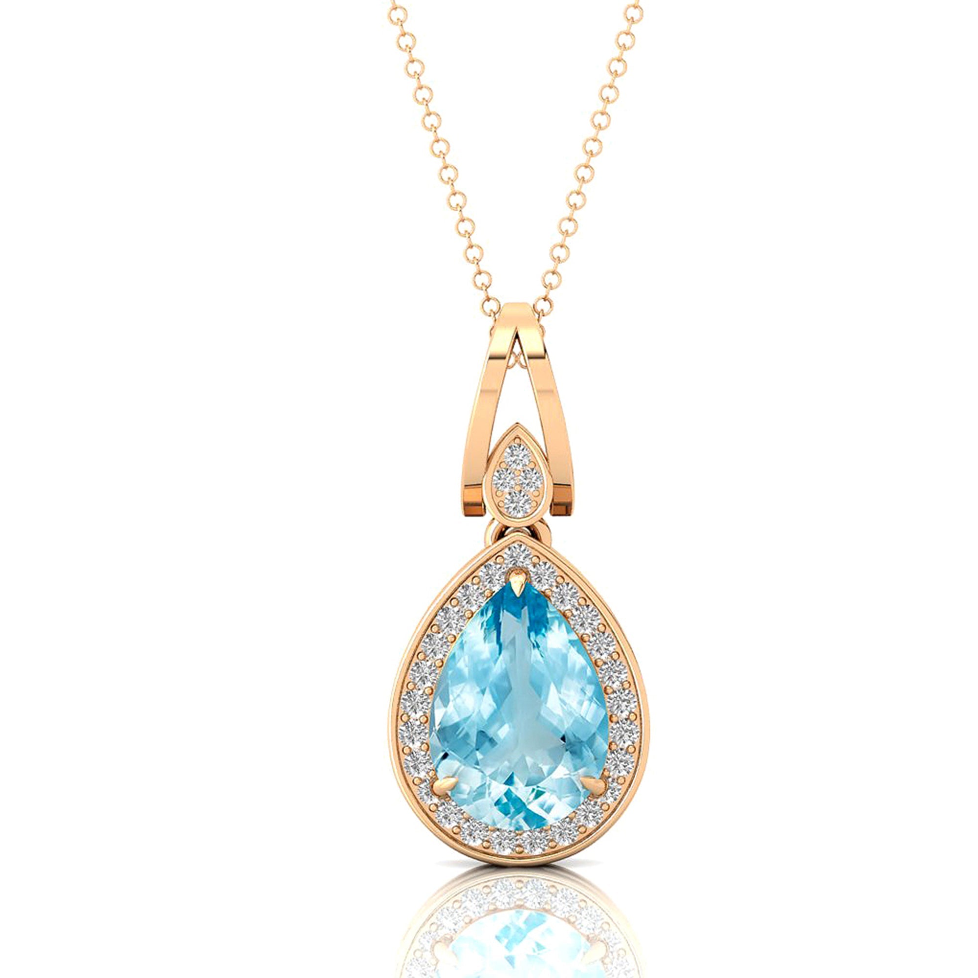 Classic Teardrop Shaped Aquamarine Halo Diamond Dangle Pendant - GeumJewels