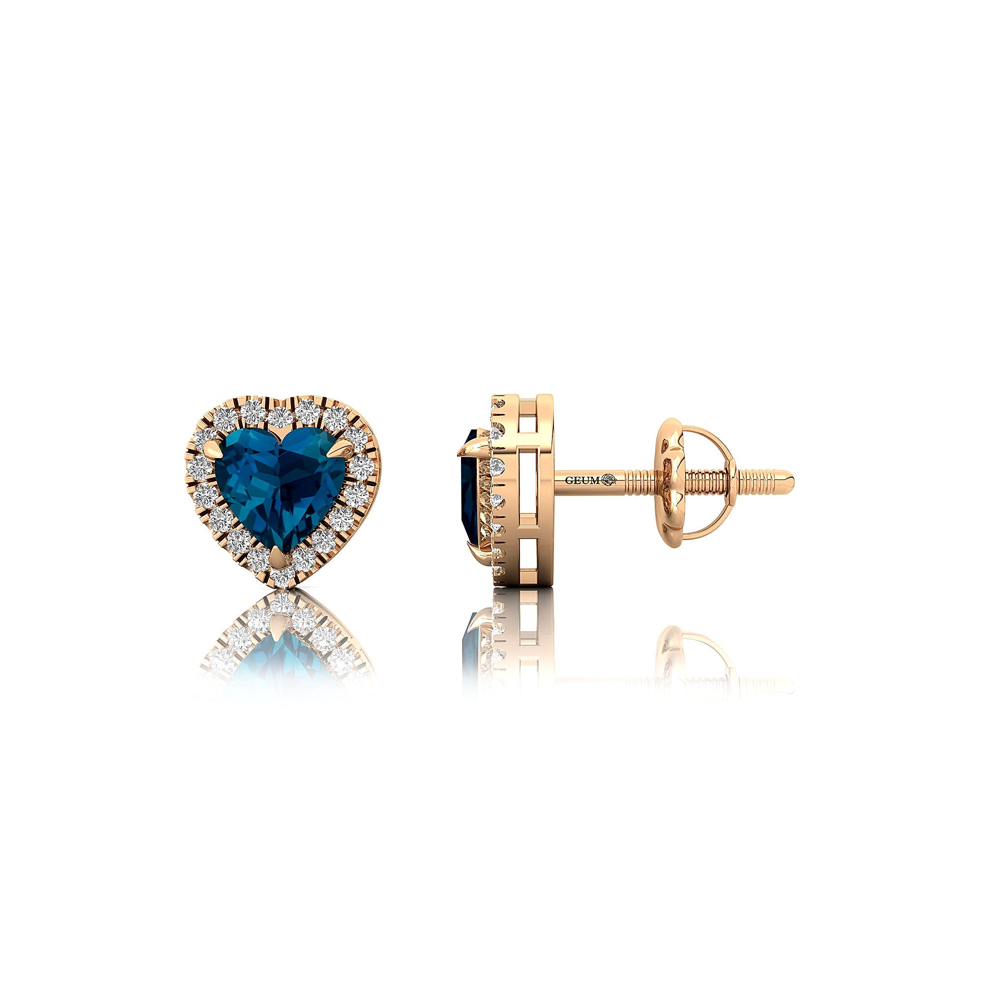 Heart Shaped London Blue Topaz Halo Diamond Stud Earrings - GeumJewels