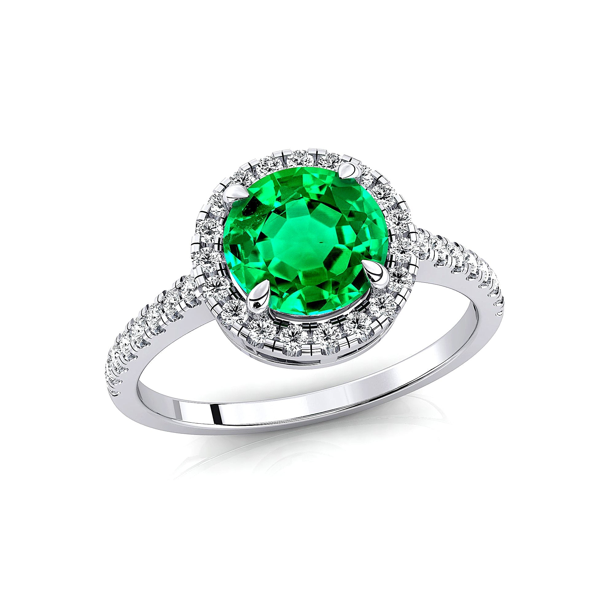 Classic Round Halo Diamonds with Solitaire Emerald Engagement Ring - GeumJewels