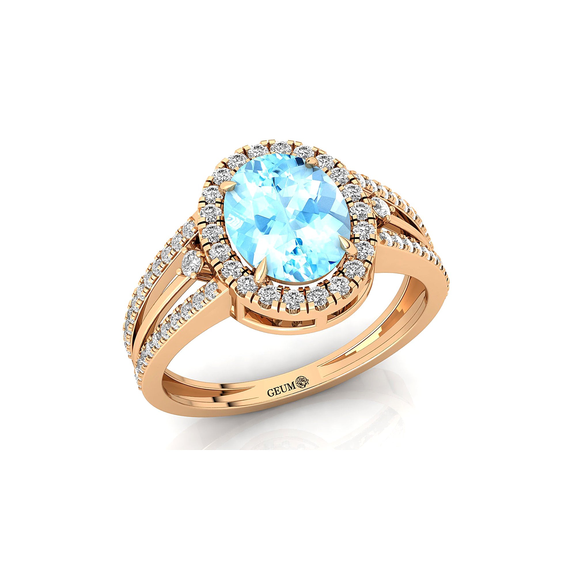 Solitaire Oval Aquamarine Split Shank Diamond Engagement Ring - GeumJewels