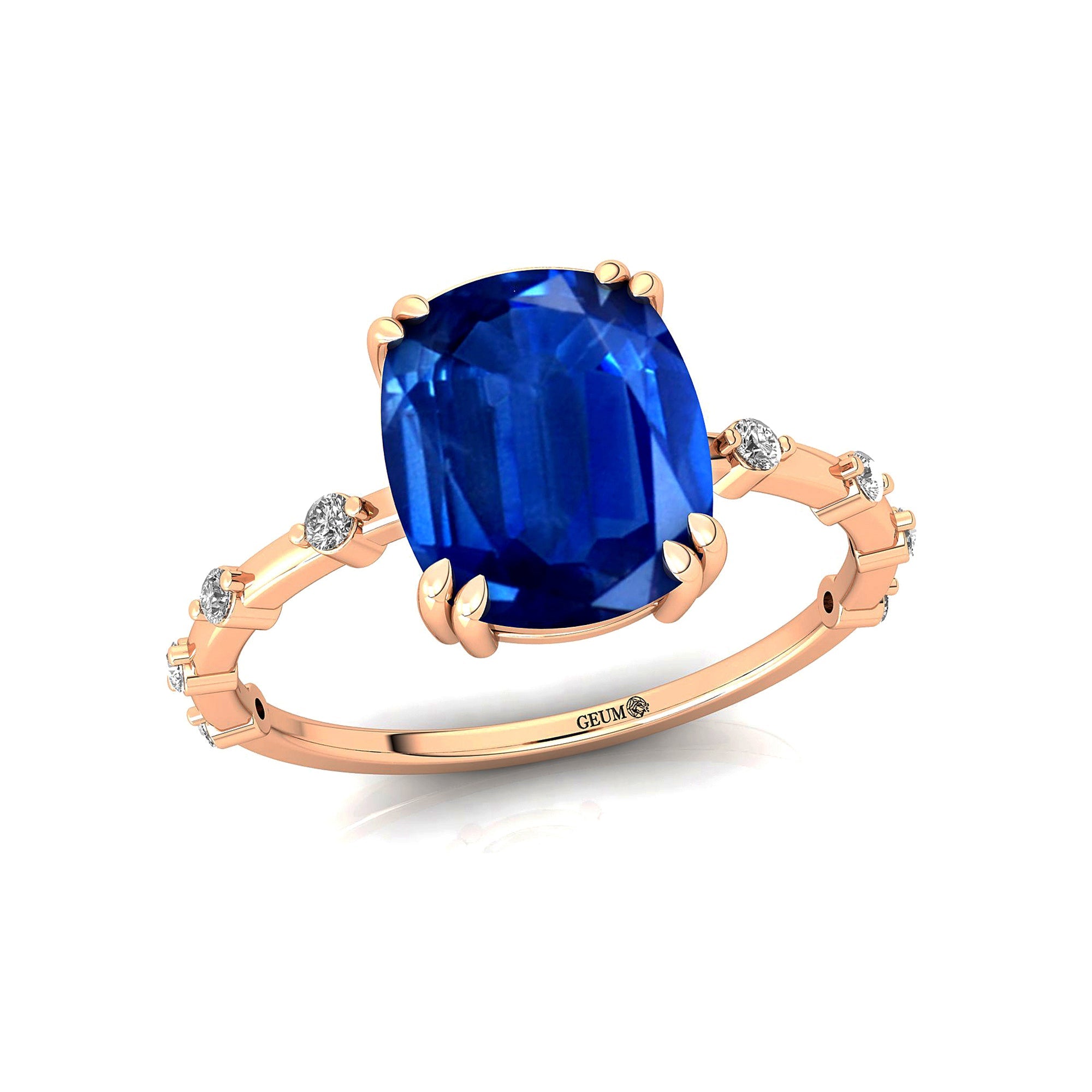 Cushion Cut Blue Sapphire Engagement Ring with Distant Diamond Band - GeumJewels