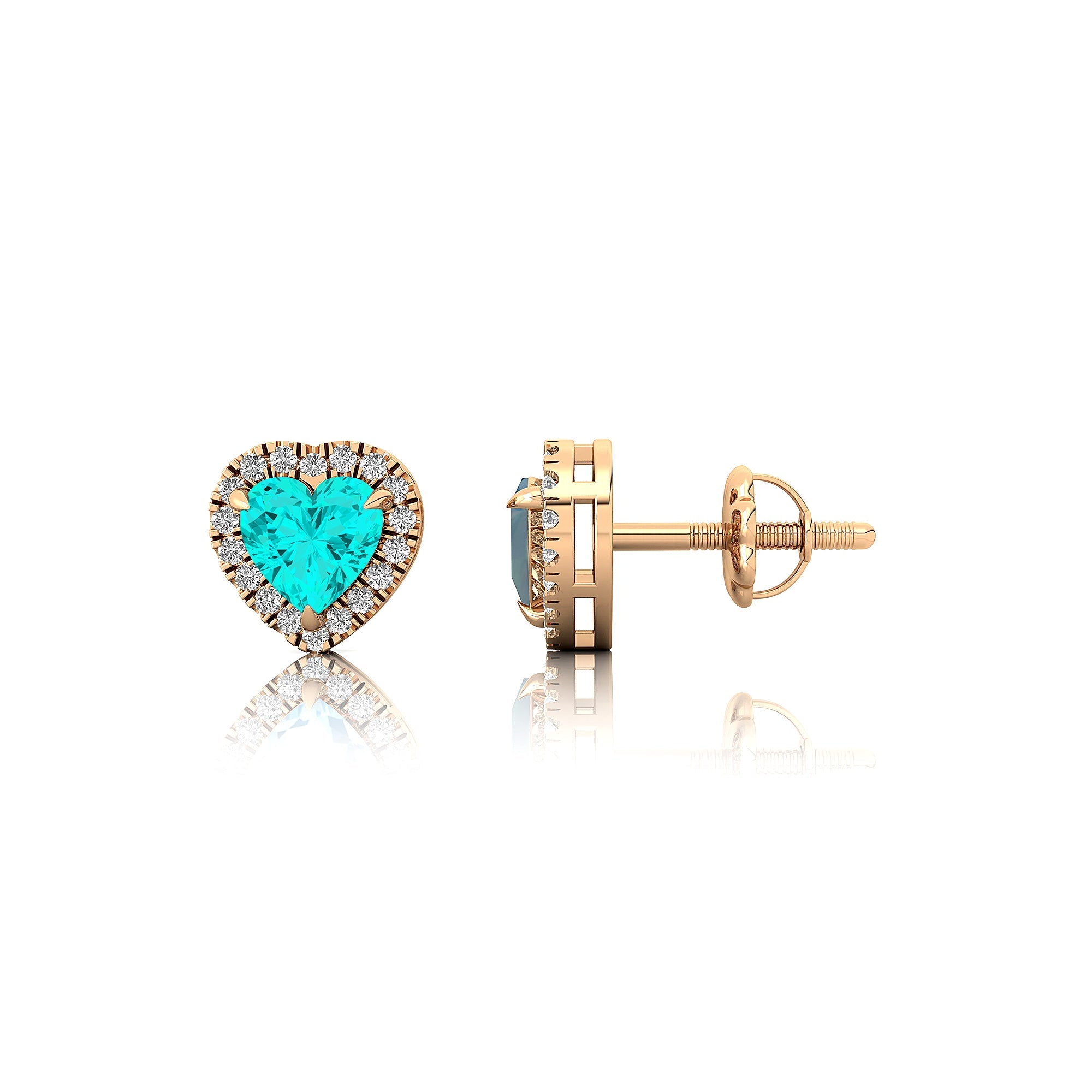 Heart Shaped Paraiba Tourmaline Halo Diamond Stud Earrings - GeumJewels