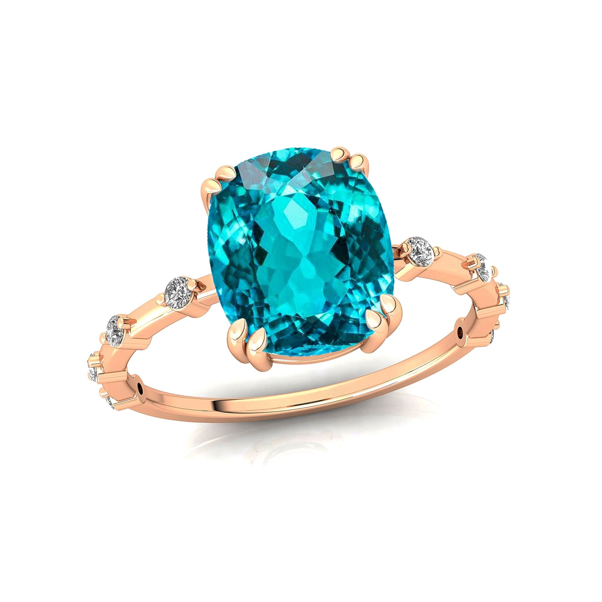 Cushion Cut Paraiba Tourmaline Engagement Ring with Distant Diamond Band - GeumJewels