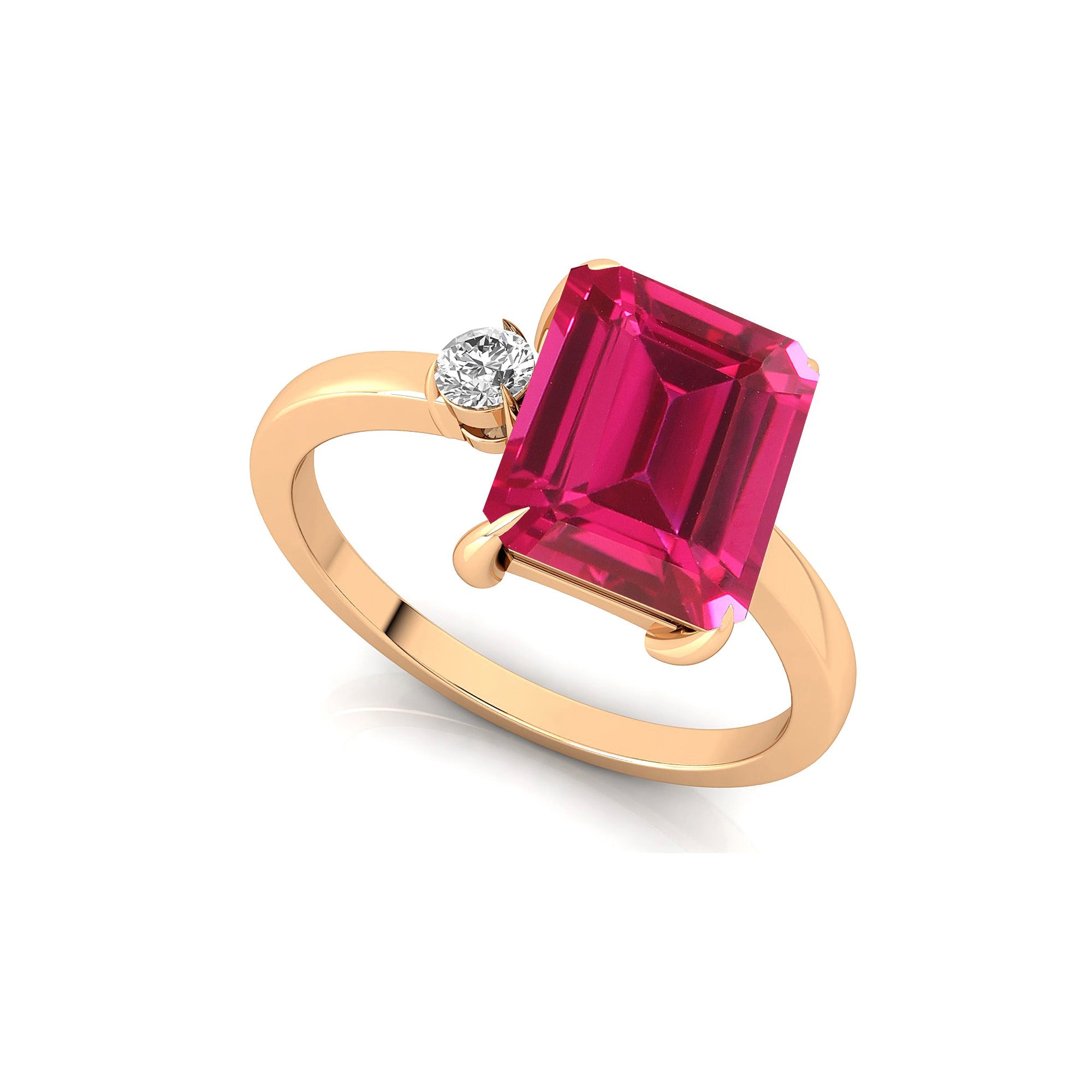 Emerald Shaped Pink Sapphire with 3mm Accent Solitaire Engagement Ring - GeumJewels