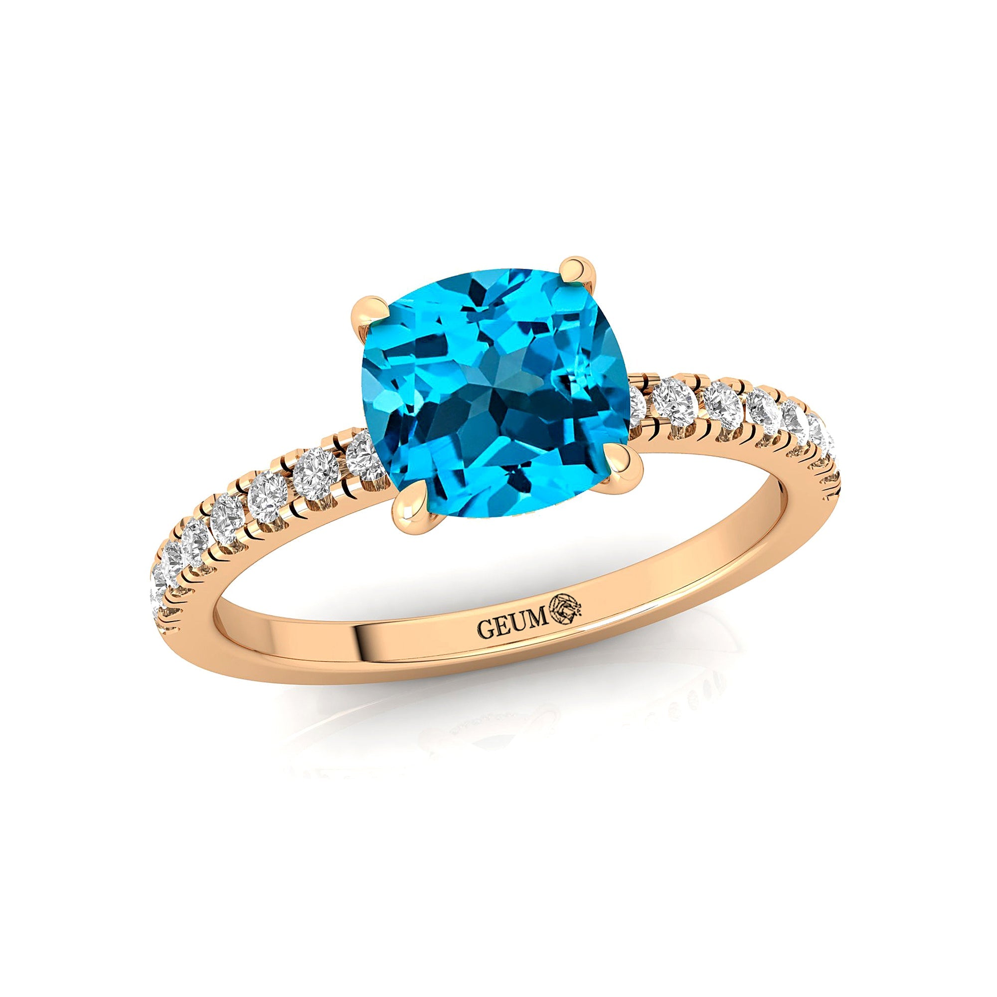 Swiss Blue Topaz Square Cushion Under Halo Diamonds Thin Ring with Diamond Band - GeumJewels