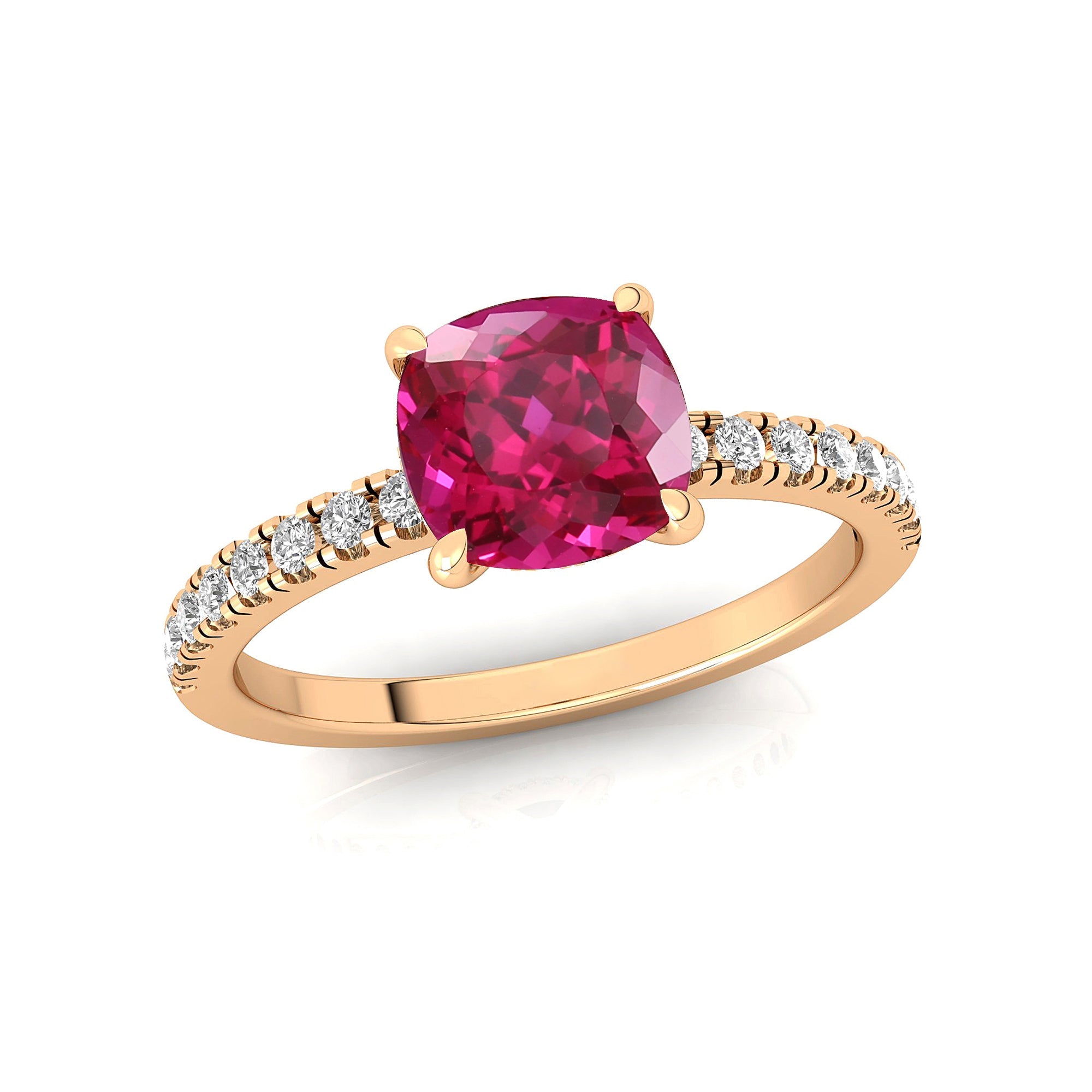 Pink Sapphire Square Cushion Under Halo Diamonds Thin Ring with Diamond Band - GeumJewels