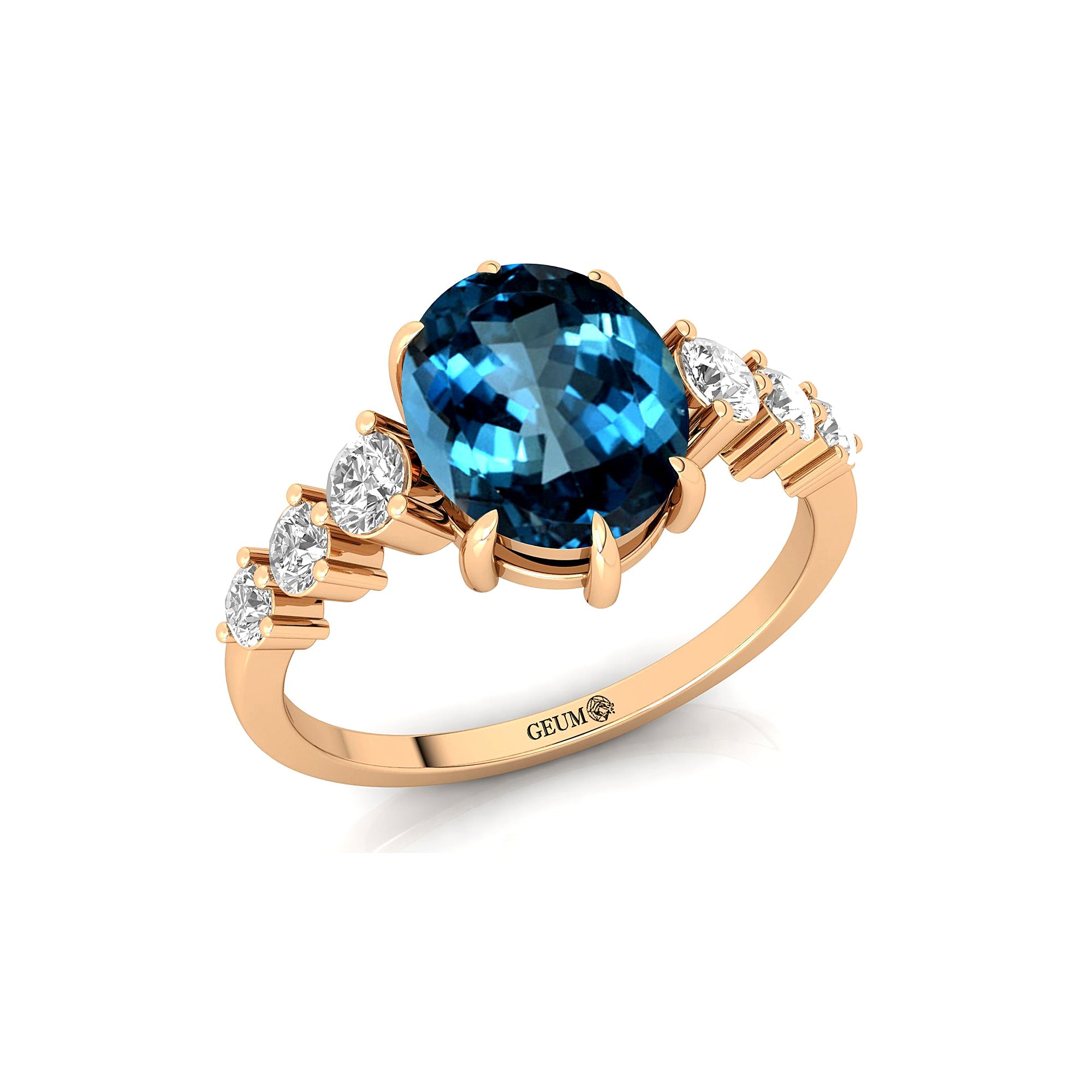Oval Cut London Blue Topaz with Graduated Diamonds Ring - GeumJewels