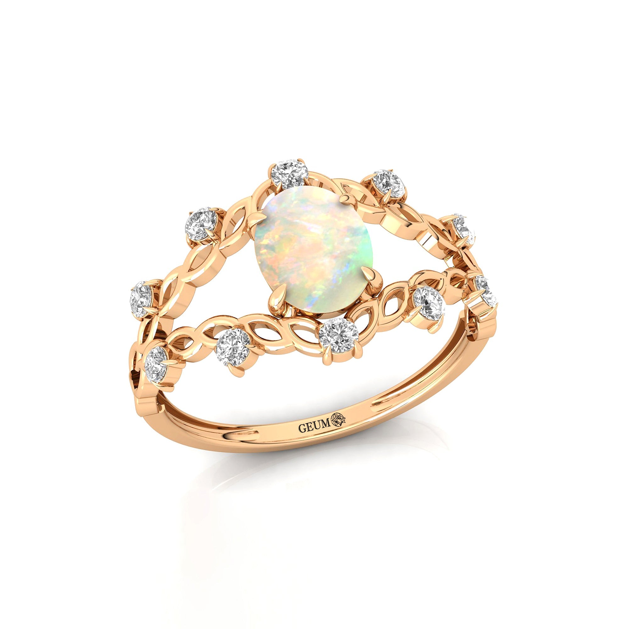 Flower Inspired Ring with Oval Shaped Opal and Accent Diamonds - GeumJewels