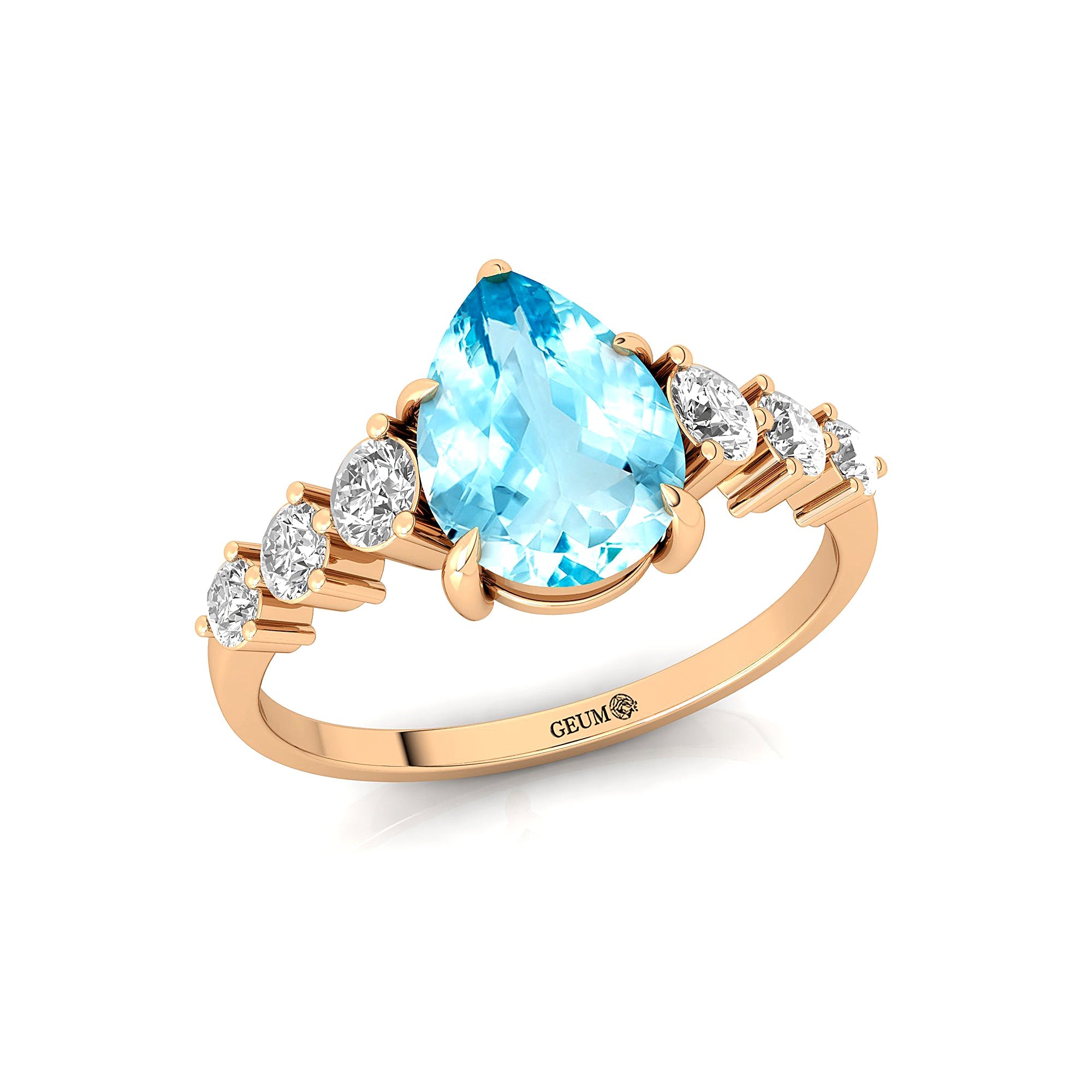 Pear Cut Aquamarine with Graduated Diamonds Ring - GeumJewels