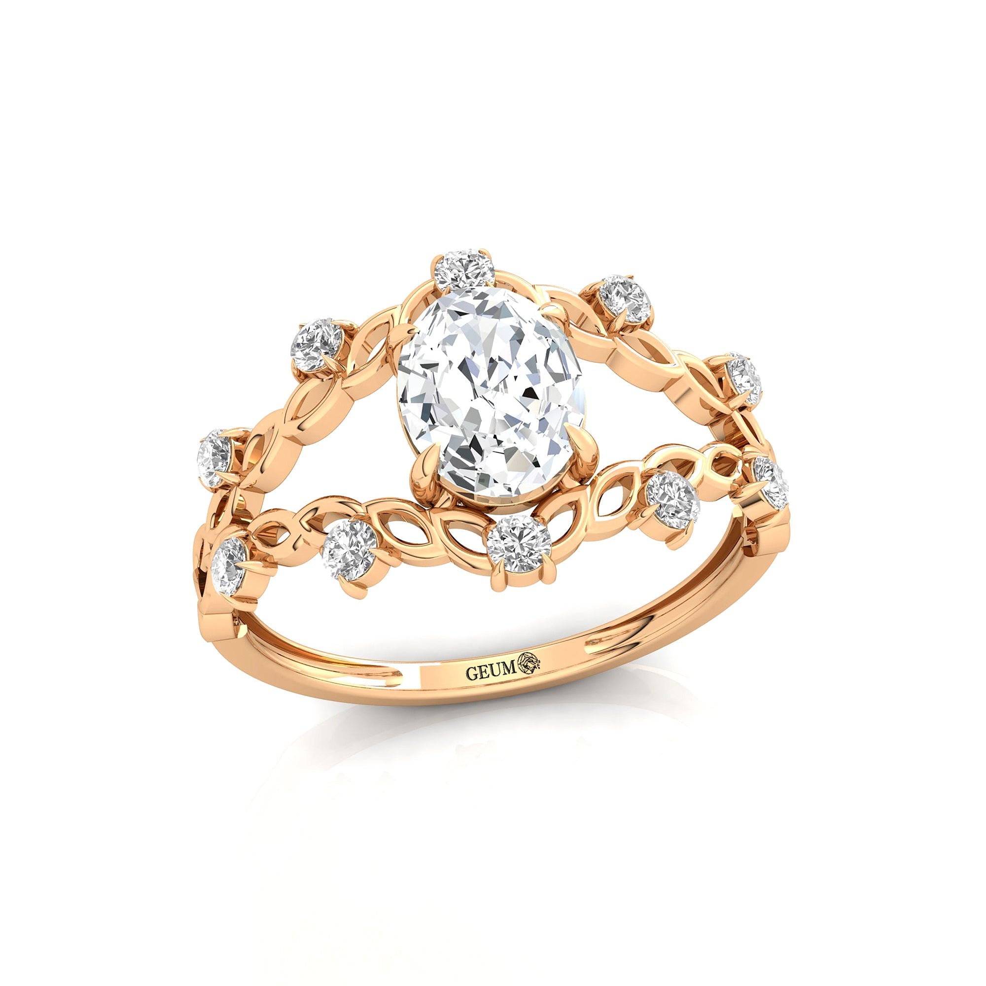 Flower Inspired Ring with Oval Shaped Lab Diamond and Accent Diamonds - GeumJewels