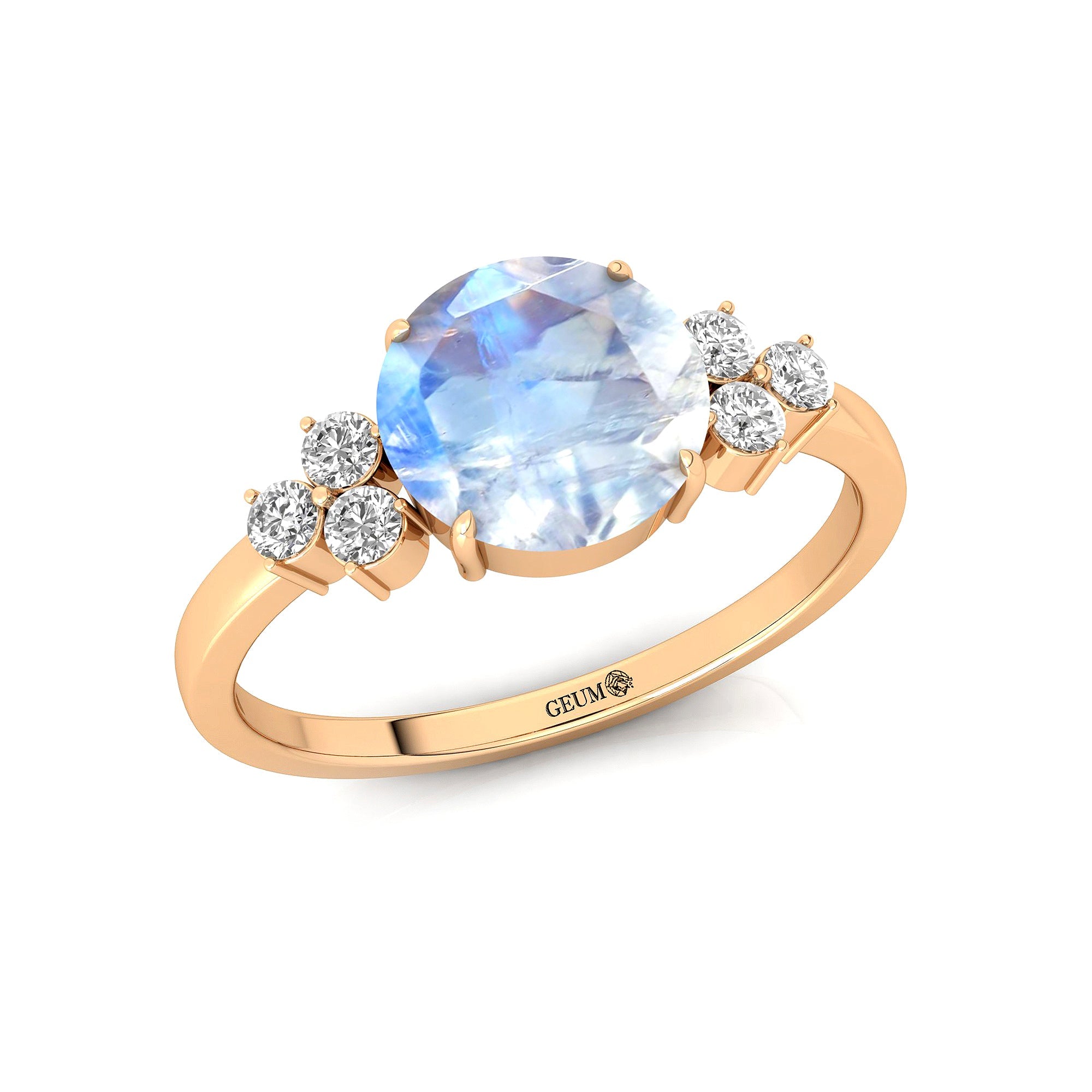 Trio Diamond Engagement Ring with Round Solitaire Moonstone - GeumJewels