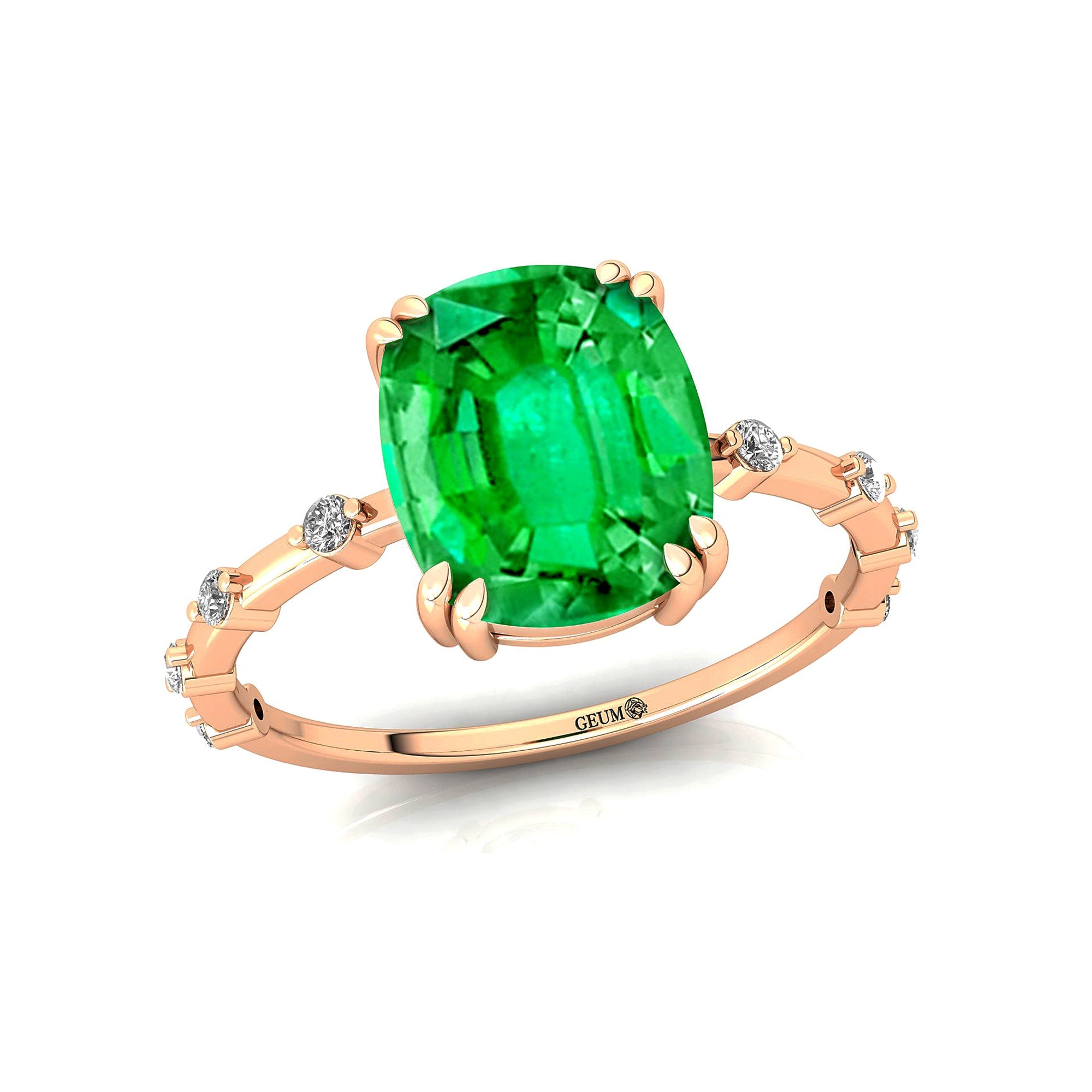 Cushion Cut Emerald Engagement Ring with Distant Diamond Band - GeumJewels