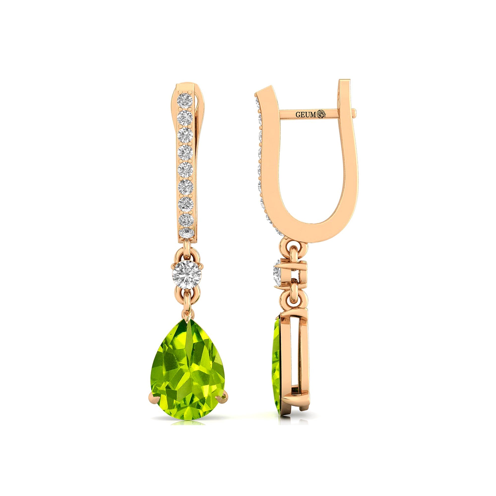 Lever Back Diamond Drop Earrings with Pear Cut Peridot - GeumJewels