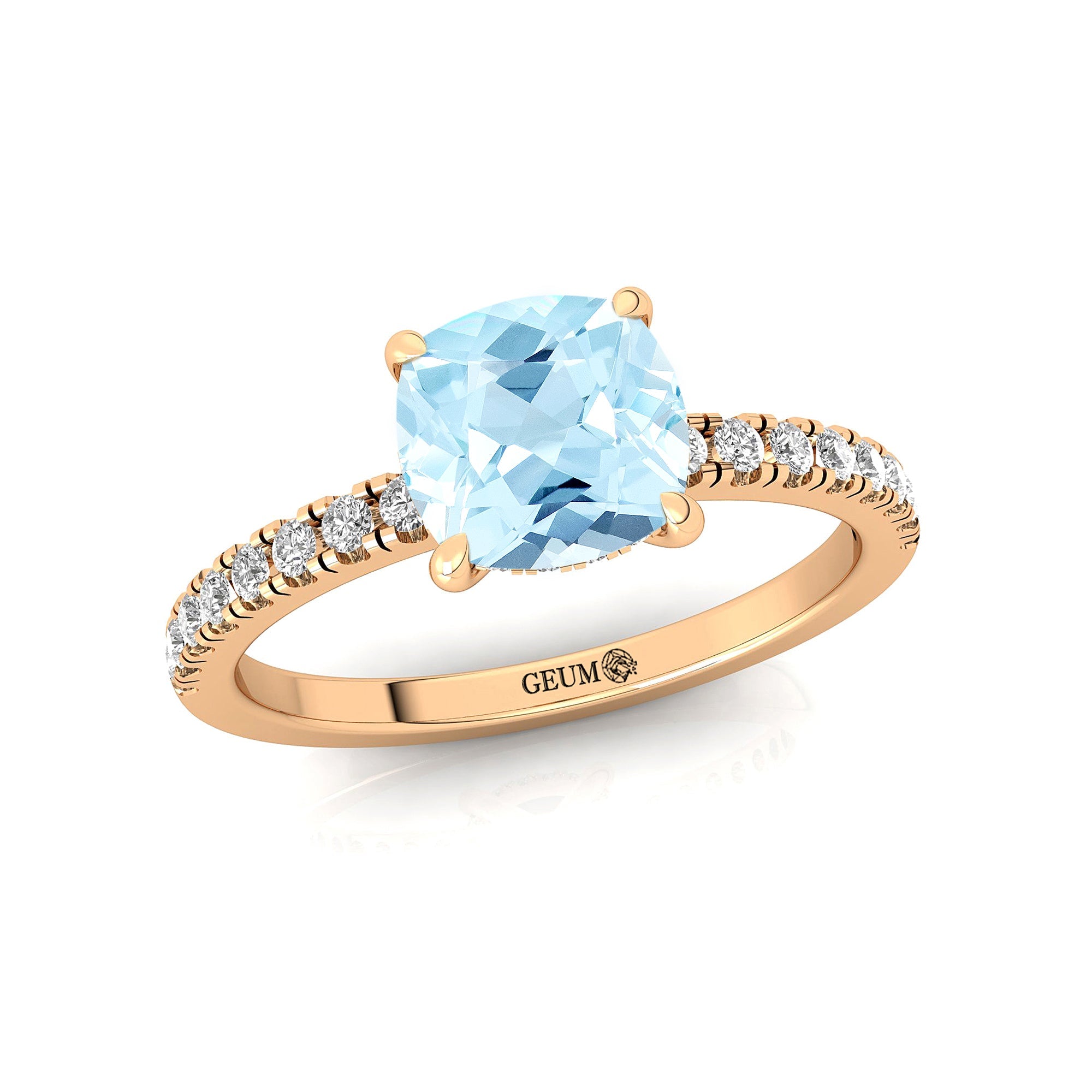 Aquamarine Square Cushion Under Halo Diamonds Thin Ring with Diamond Band - GeumJewels