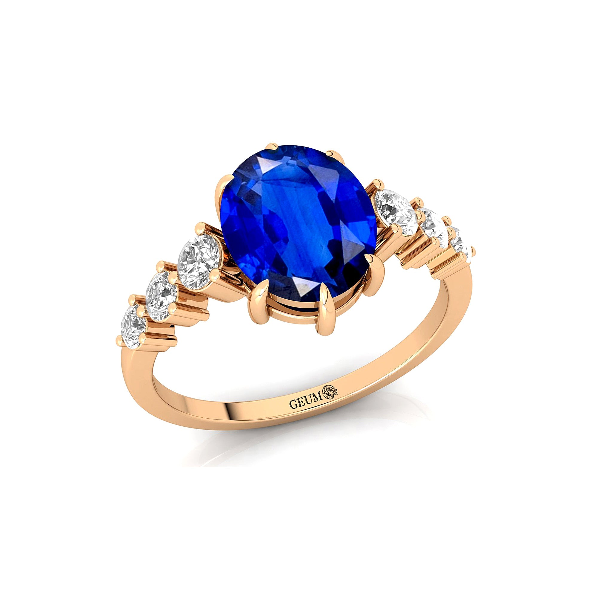 Oval Cut Blue Sapphire with Graduated Diamonds Ring - GeumJewels