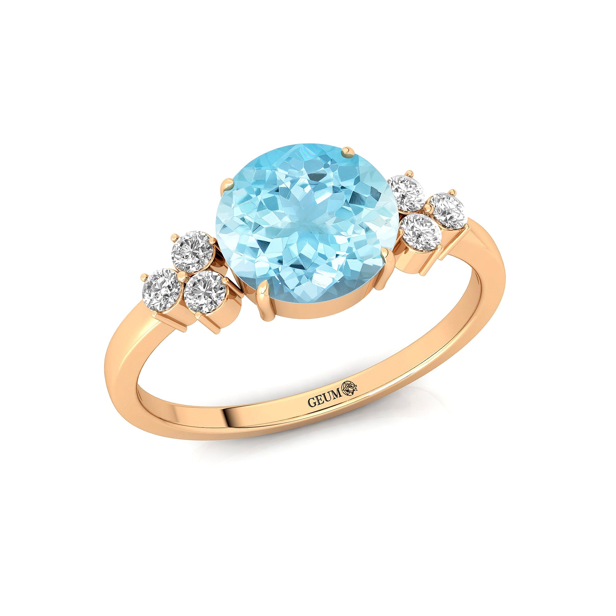 Trio Diamond Engagement Ring with Round Solitaire Aquamarine - GeumJewels