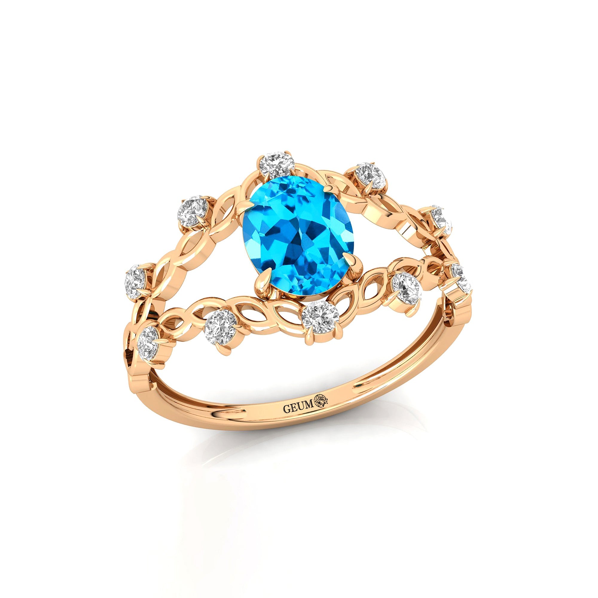 Flower Inspired Ring with Oval Shaped Swiss Blue Topaz and Accent Diamonds - GeumJewels