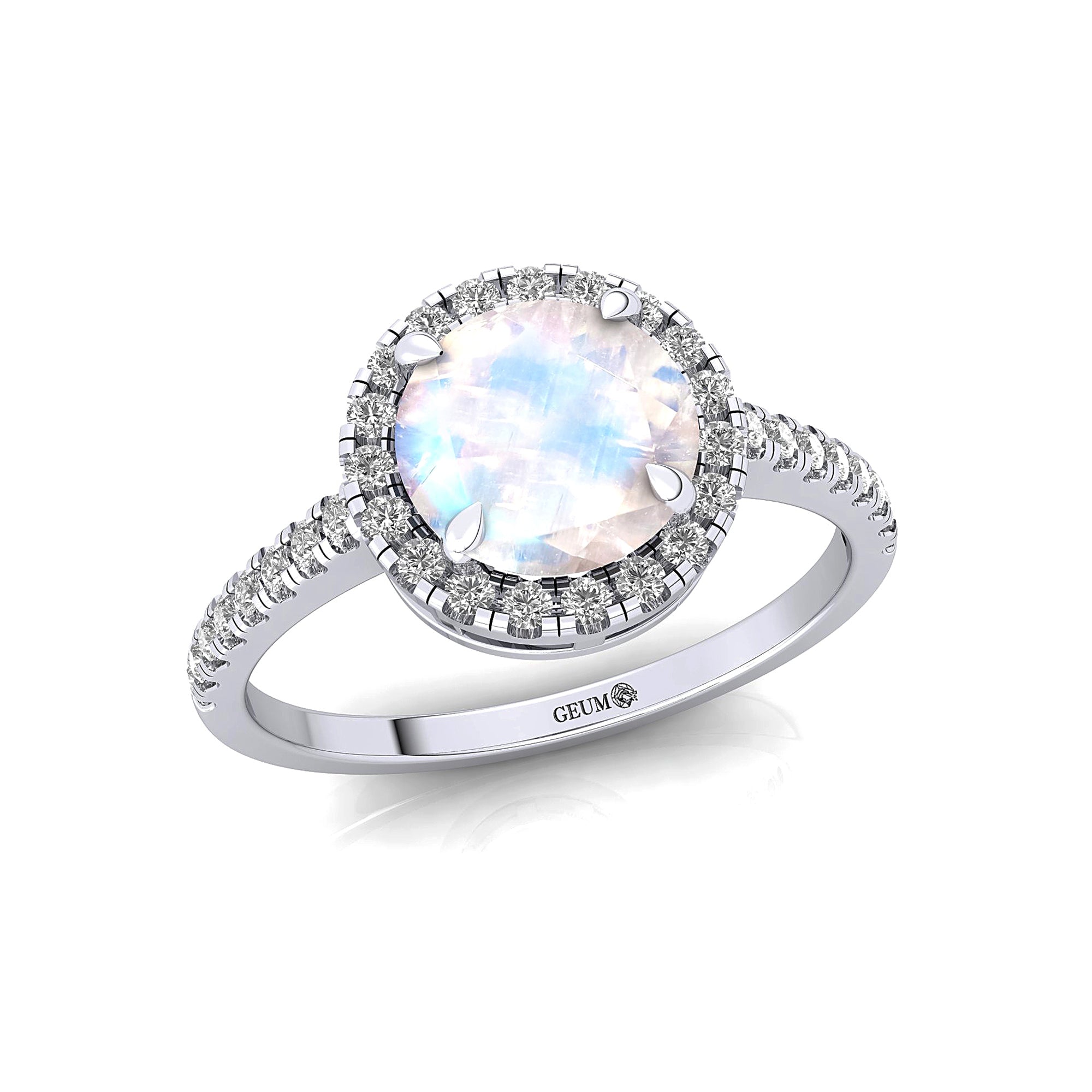 Classic Round Halo Diamonds with Solitaire Moonstone Engagement Ring - GeumJewels