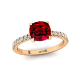 Garnet Square Cushion Under Halo Diamonds Thin Ring with Diamond Band - GeumJewels