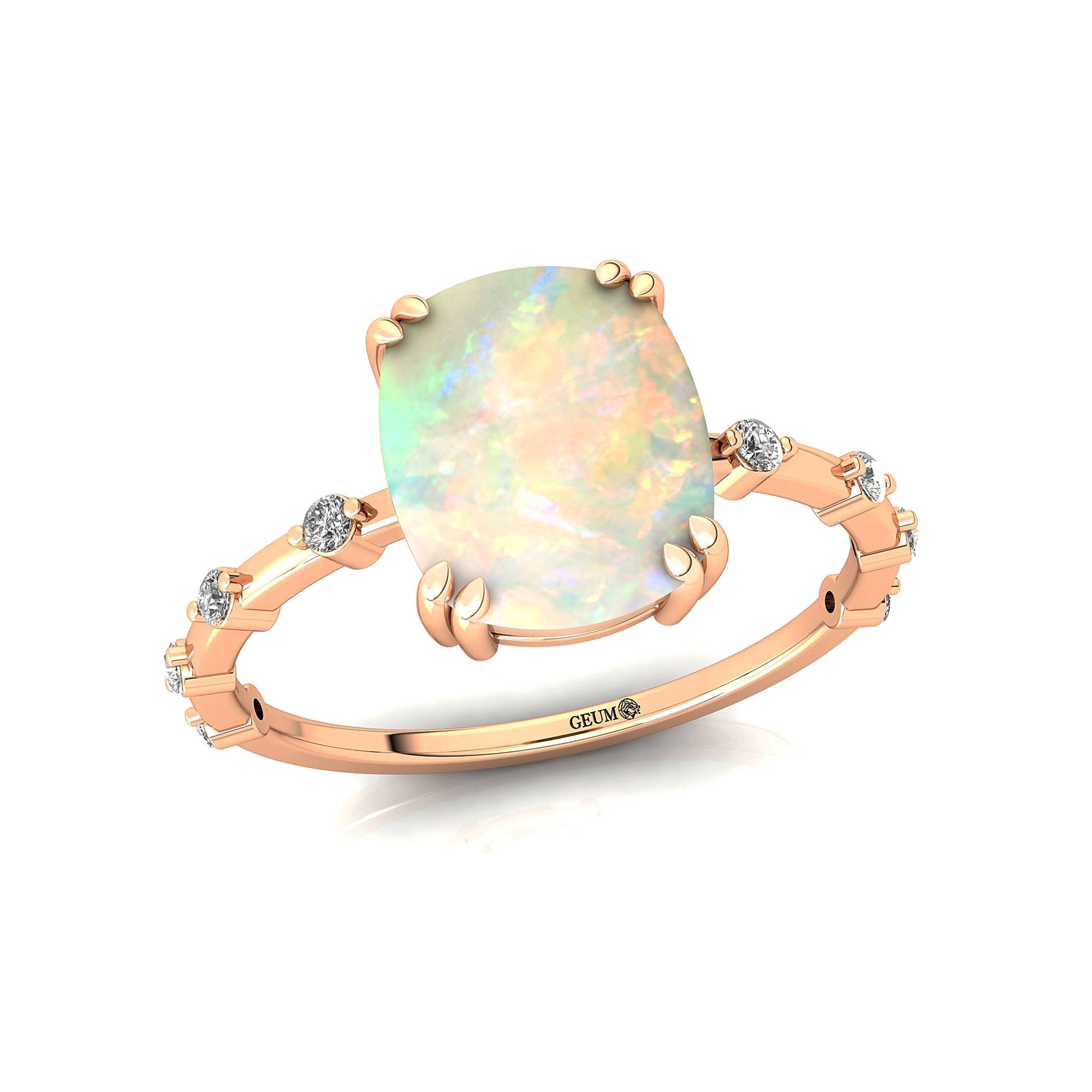 Cushion Cut Opal Engagement Ring with Distant Diamond Band - GeumJewels