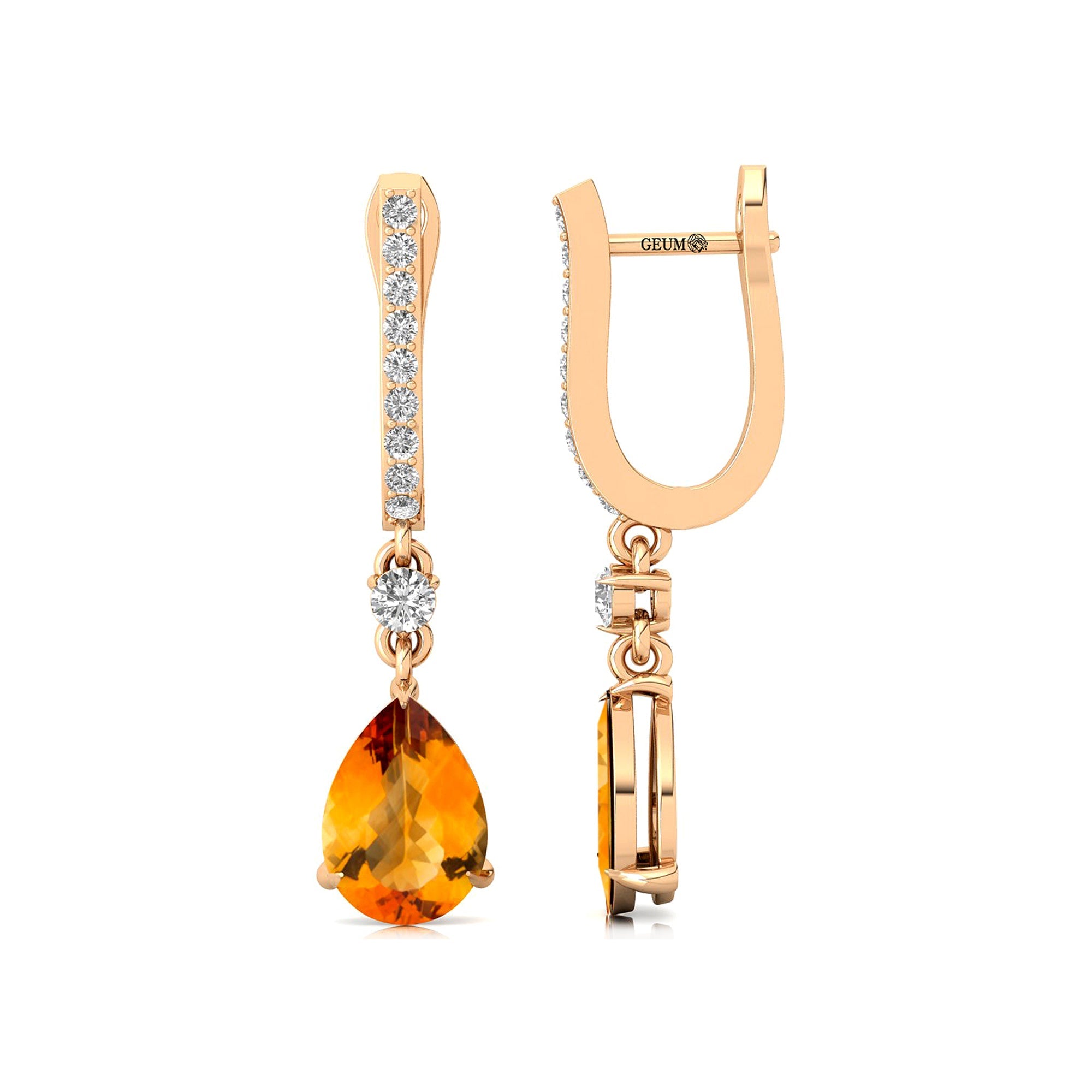 Lever Back Diamond Drop Earrings with Pear Cut Citrine - GeumJewels