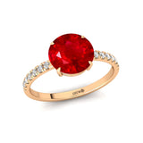 Classic Six Prong Round Solitaire Ruby Ring with Accent Diamond Band - GeumJewels