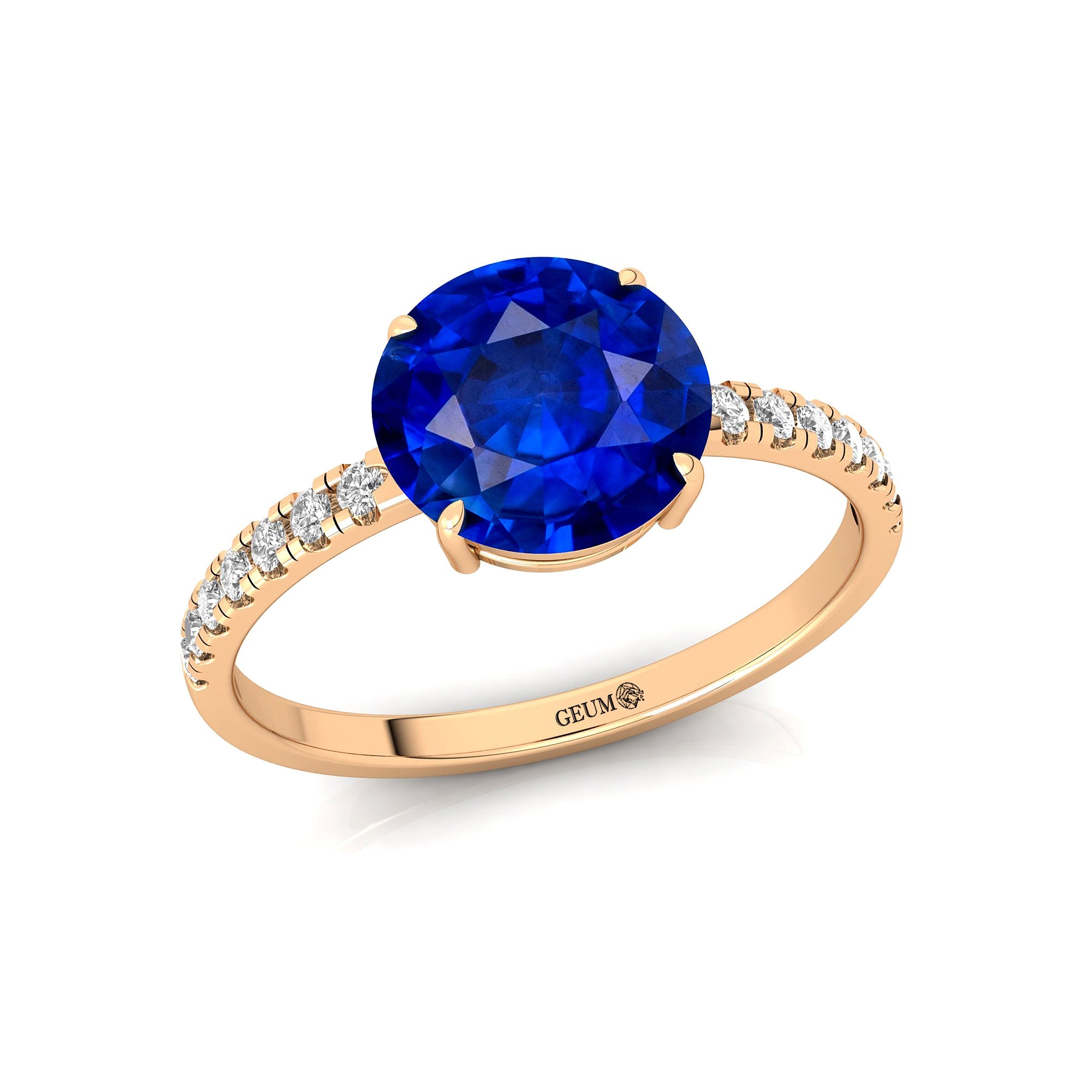 Classic Six Prong Round Solitaire Blue Sapphire Ring with Accent Diamond Band - GeumJewels