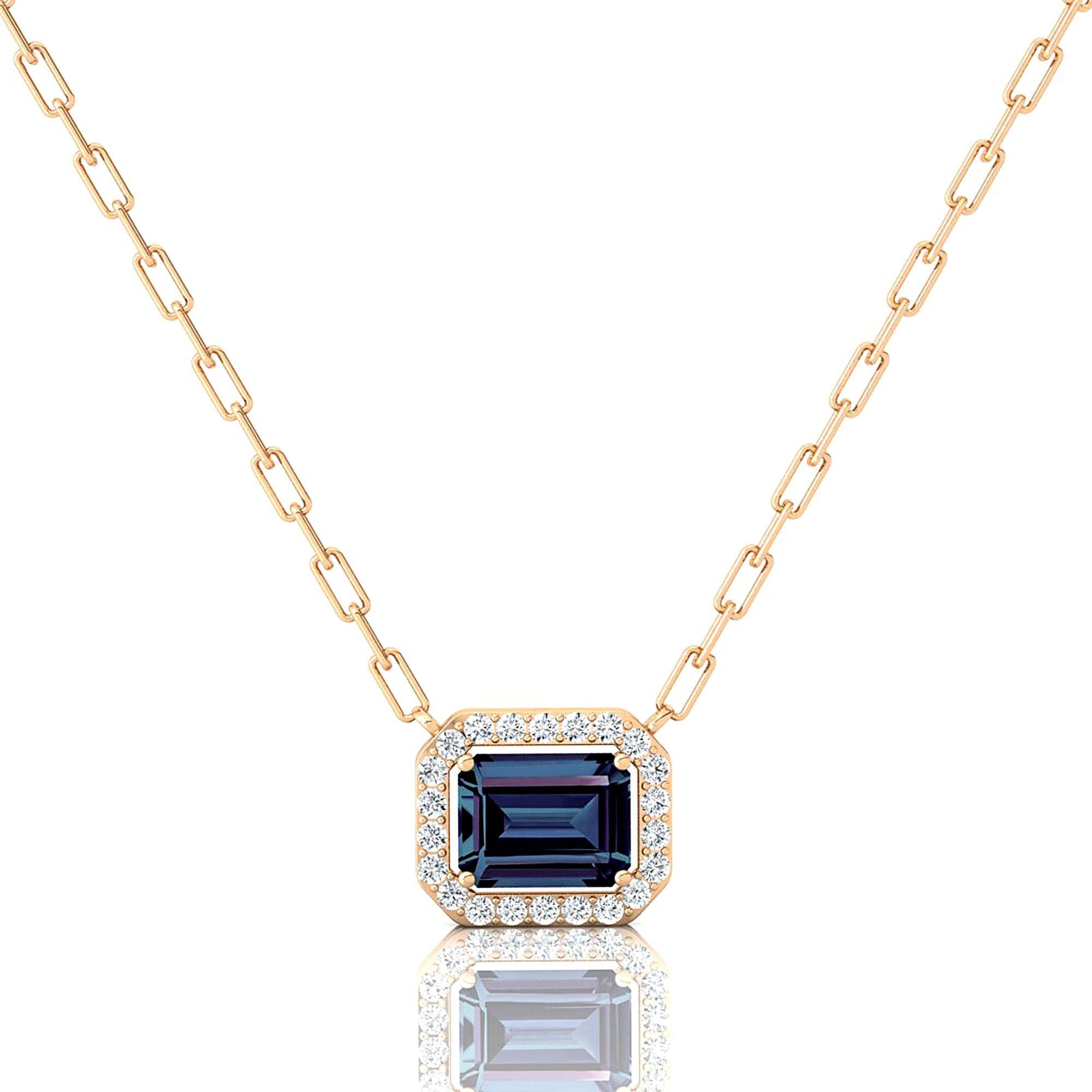 Emerald Cut Alexandrite Halo Set Diamond Necklace - GeumJewels