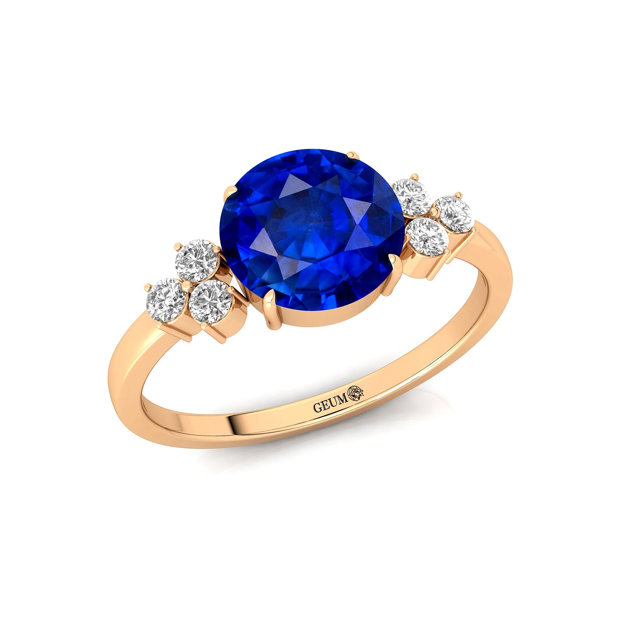 Trio Diamond Engagement Ring with Round Solitaire Blue Sapphire - GeumJewels