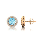 Round Solitaire Aquamarine Halo Diamond Stud Earrings - GeumJewels