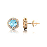 Round Solitaire Aquamarine Halo Diamond Stud Earrings - GeumJewels
