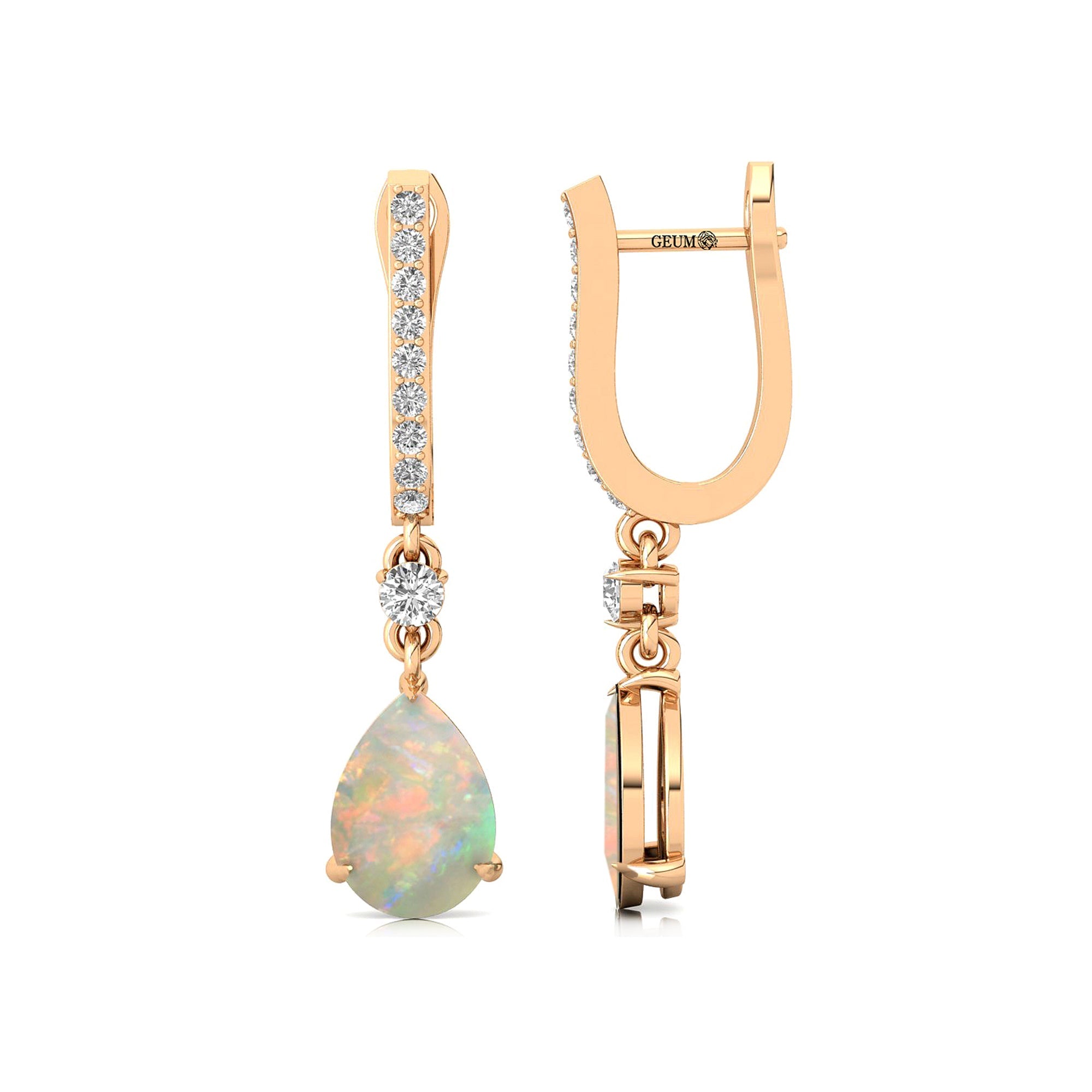 Lever Back Diamond Drop Earrings with Pear Cut Opal - GeumJewels
