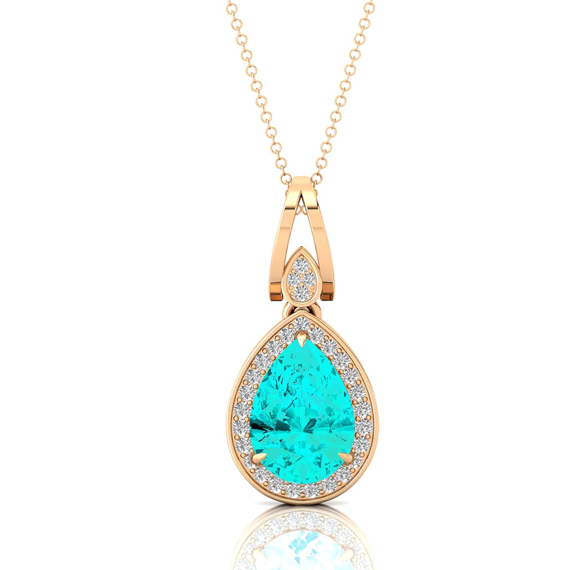 Classic Teardrop Shaped Paraiba Tourmaline Halo Diamond Dangle Pendant - GeumJewels