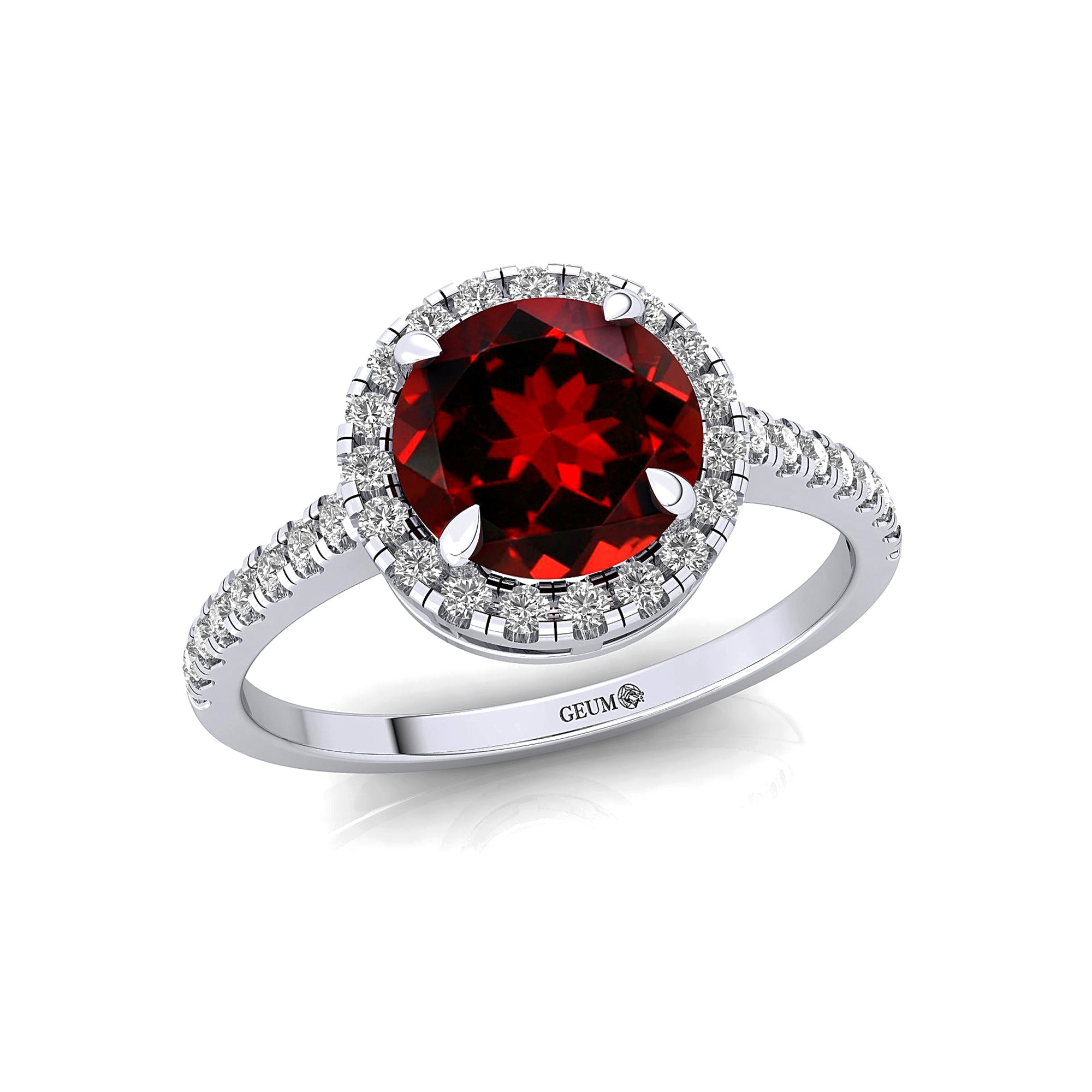 Classic Round Halo Diamonds with Solitaire Garnet Engagement Ring - GeumJewels
