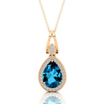 Classic Teardrop Shaped London Blue Topaz Halo Diamond Dangle Pendant - GeumJewels
