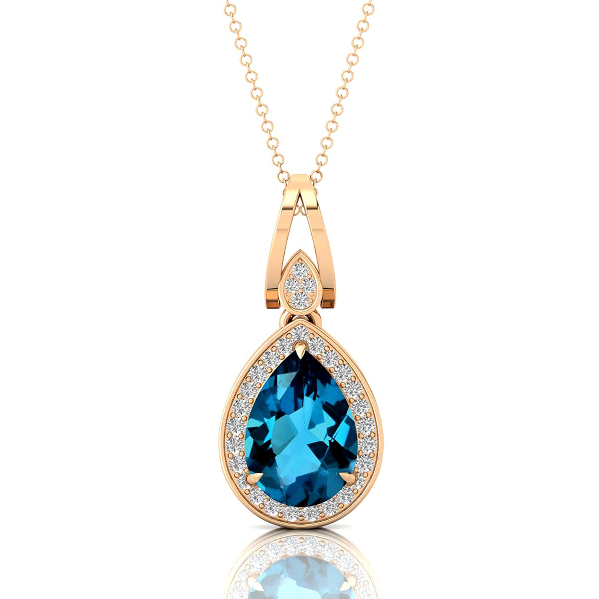 Classic Teardrop Shaped London Blue Topaz Halo Diamond Dangle Pendant - GeumJewels