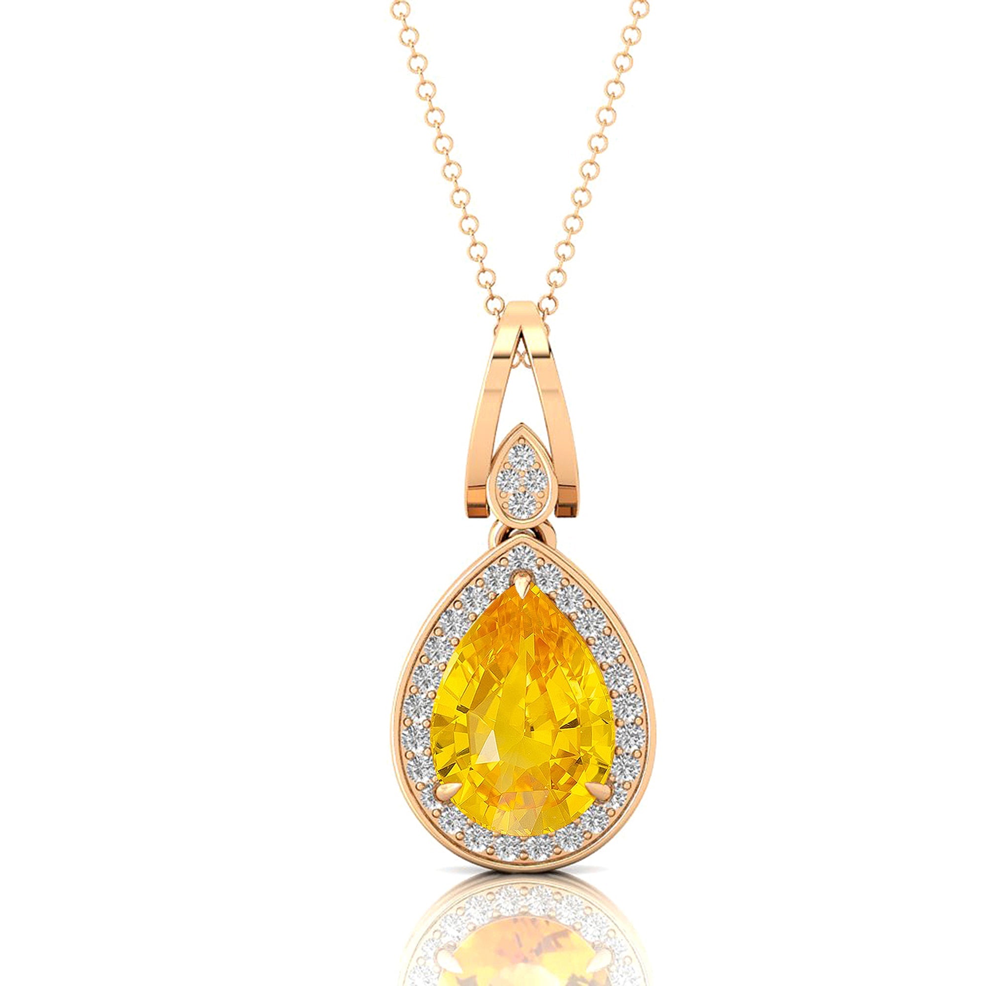 Classic Teardrop Shaped Yellow Sapphire Halo Diamond Dangle Pendant - GeumJewels