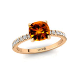 Citrine Square Cushion Under Halo Diamonds Thin Ring with Diamond Band - GeumJewels